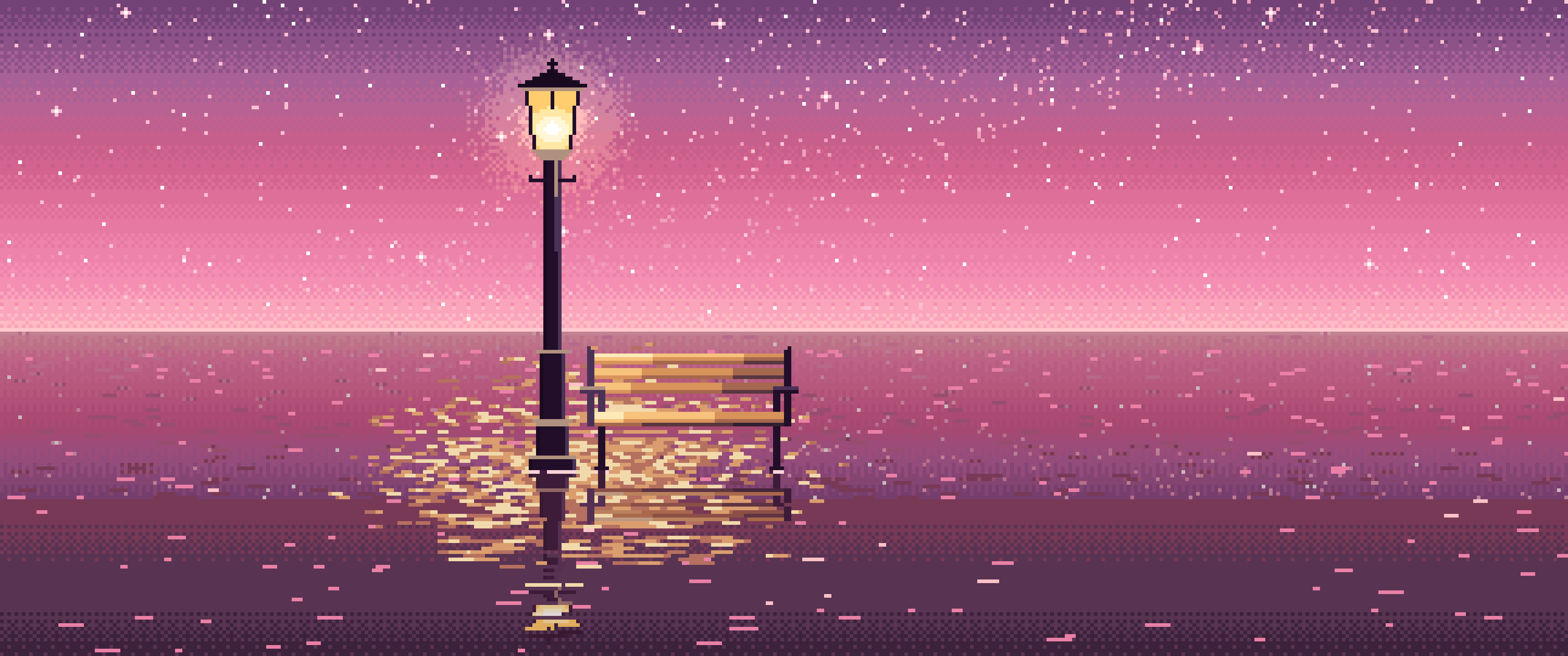 Pink Pixel Art Surreal Street Lamp and Bench on the Sea ultrawide wallpaper, 3440 × 1440