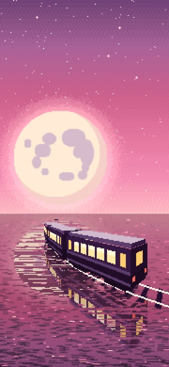 Pink Pixel Art Surreal Train Across the Sea to the Moon wallpaper for iPhone and Android
