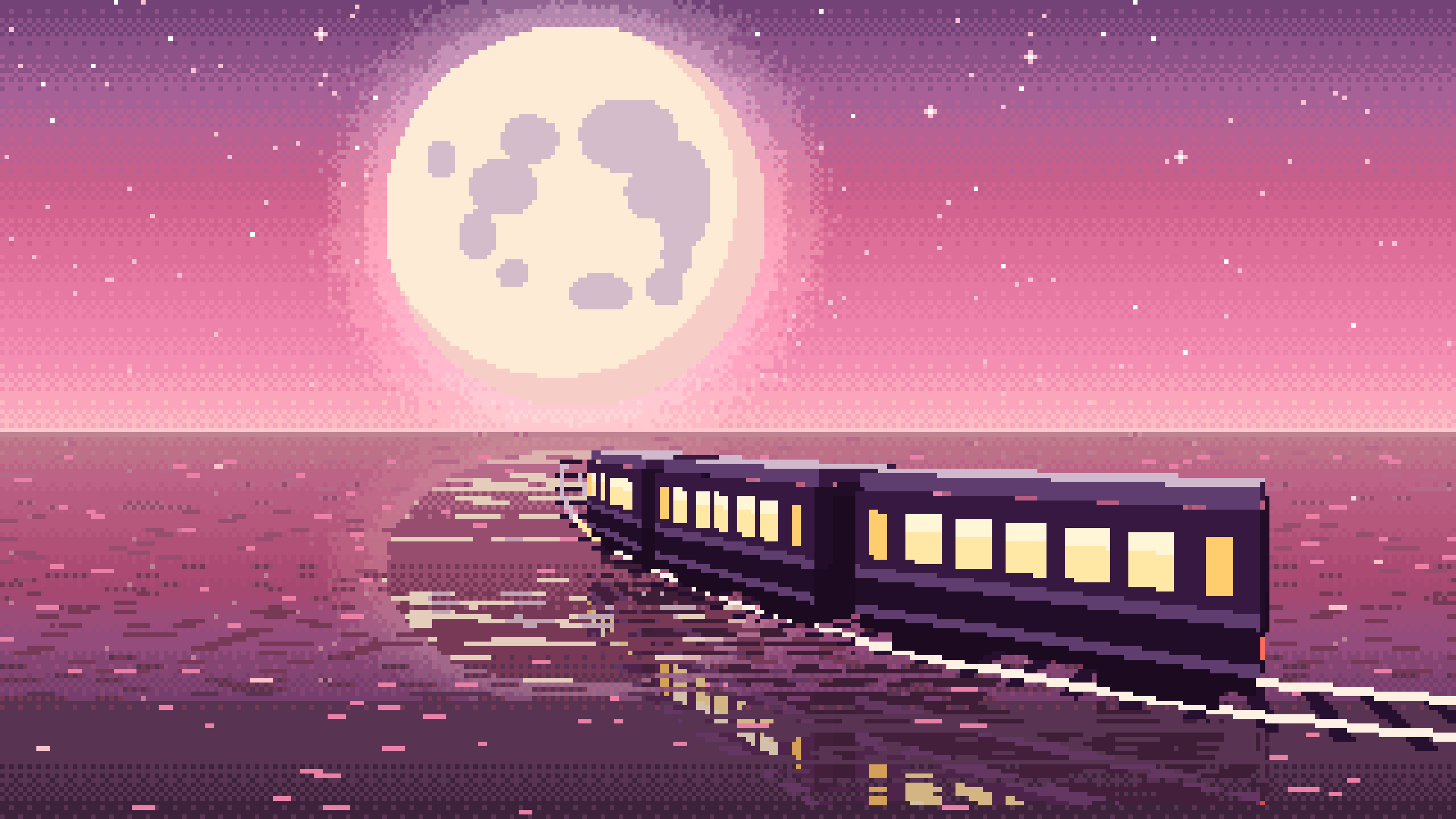 Pink Pixel Art Surreal Train Across the Sea to the Moon desktop wallpaper in 4K