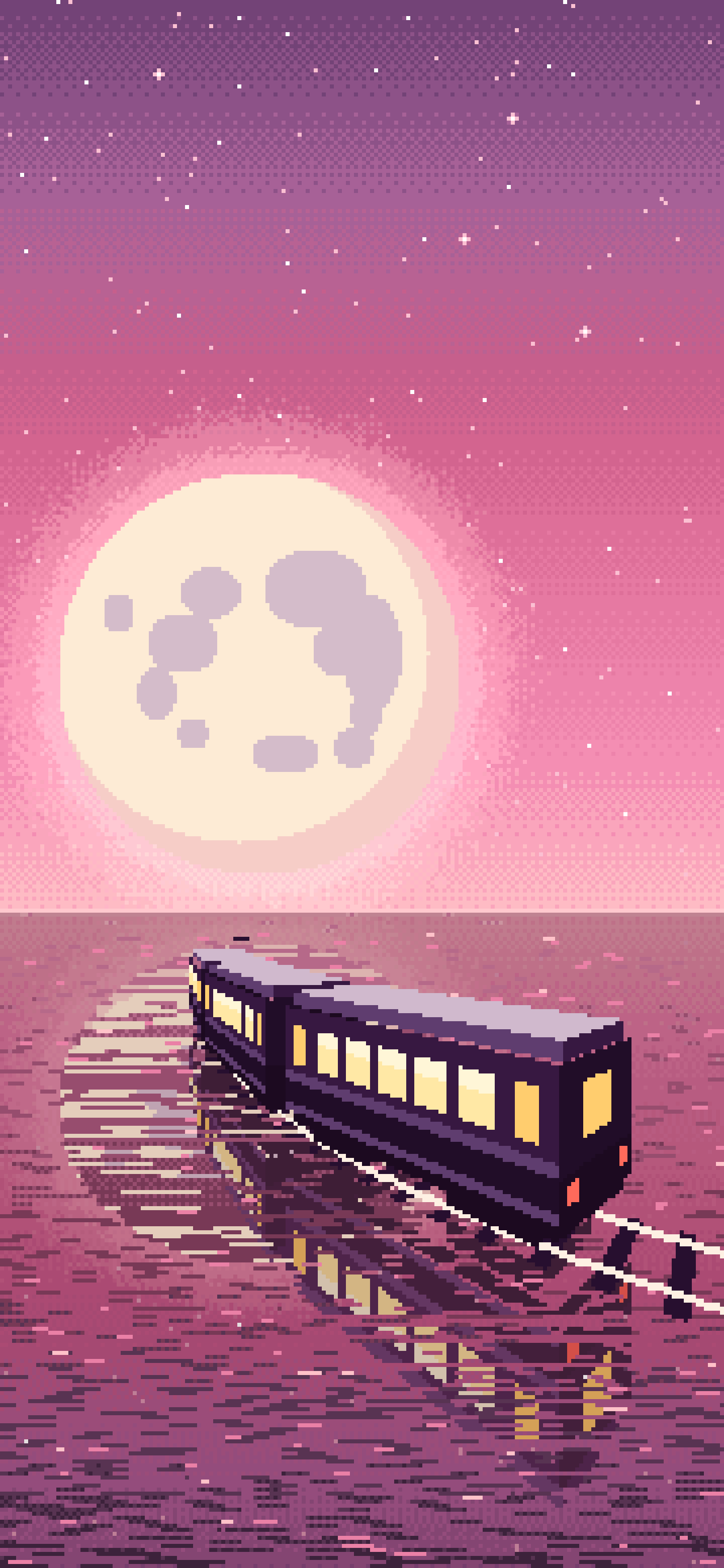 Pink Pixel Art Surreal Train Across the Sea to the Moon wallpaper for iPhone and Android