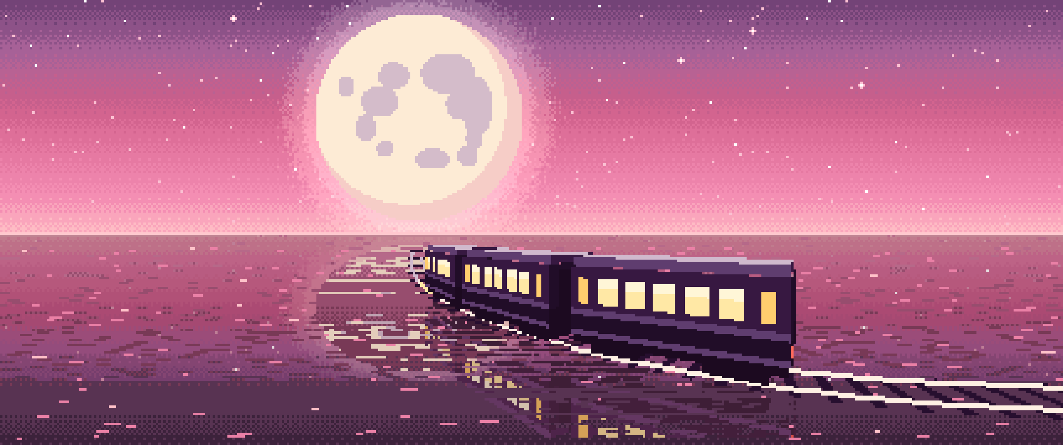 Pink Pixel Art Surreal Train Across the Sea to the Moon ultrawide wallpaper, 3440 × 1440