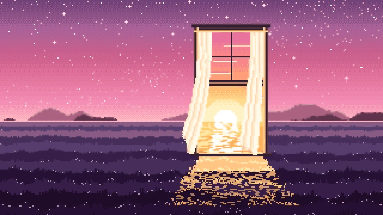 Pink Pixel Art Surreal Window in a Meadow at Night desktop wallpaper in 4K
