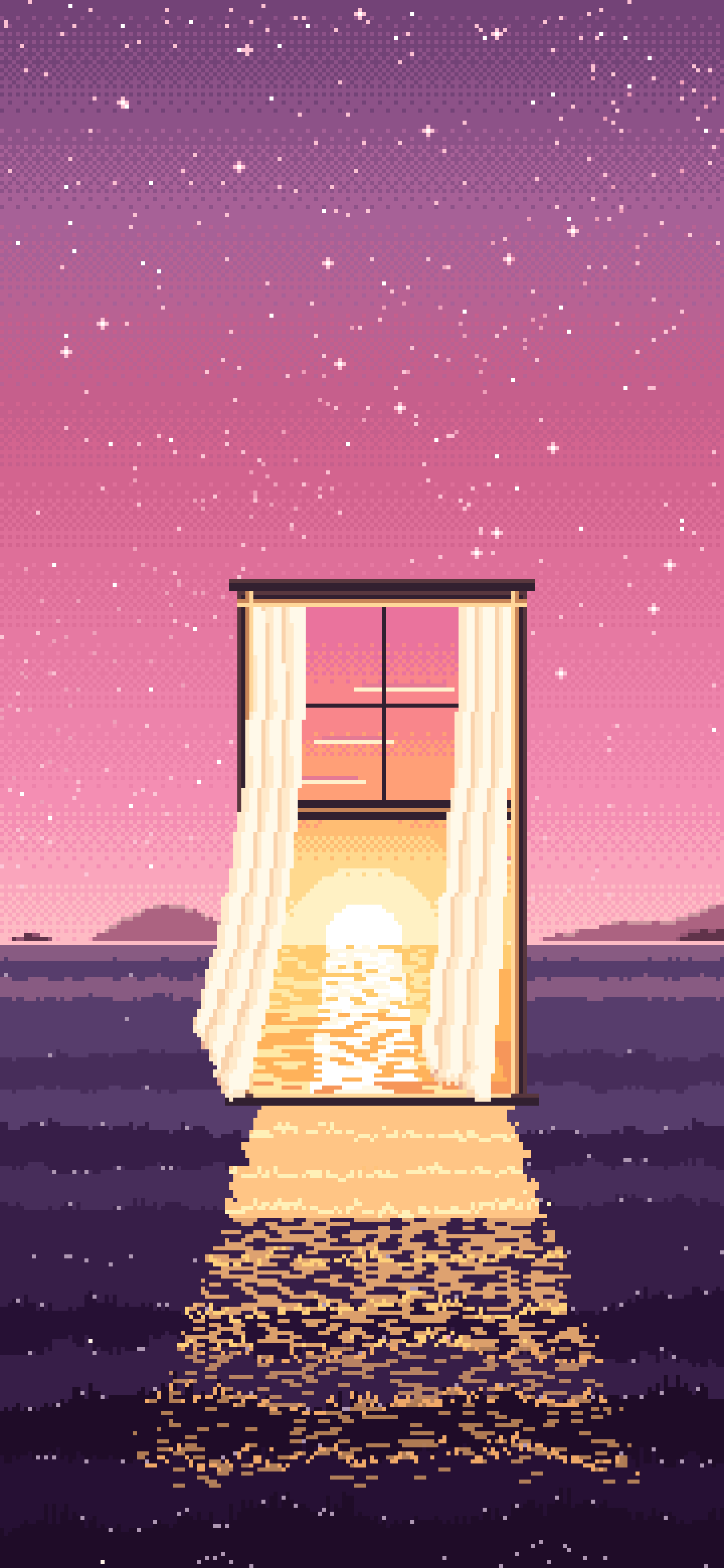 Pink Pixel Art Surreal Window in a Meadow at Night wallpaper for iPhone and Android