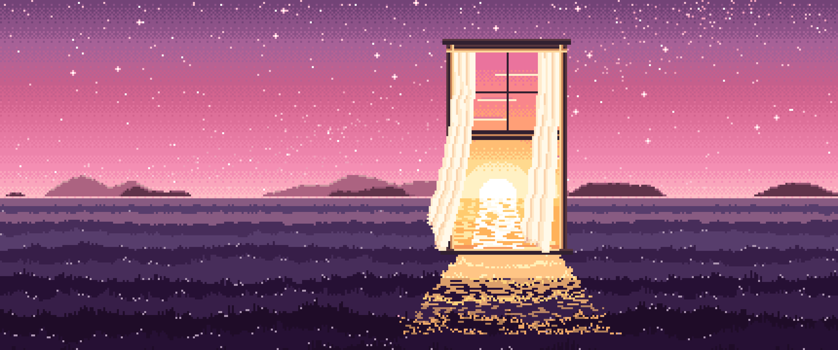 Pink Pixel Art Surreal Window in a Meadow at Night ultrawide wallpaper, 3440 × 1440
