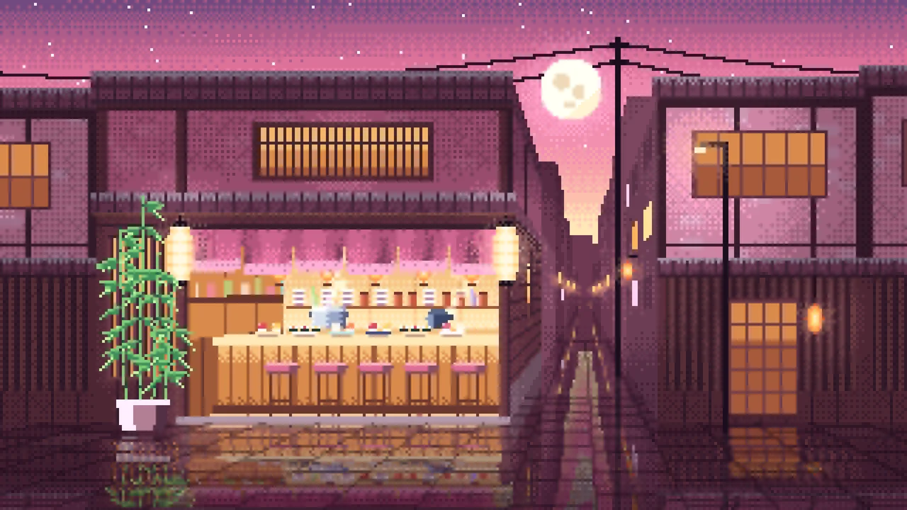 Pink Pixel Art Sushi Bar desktop wallpaper in 4K