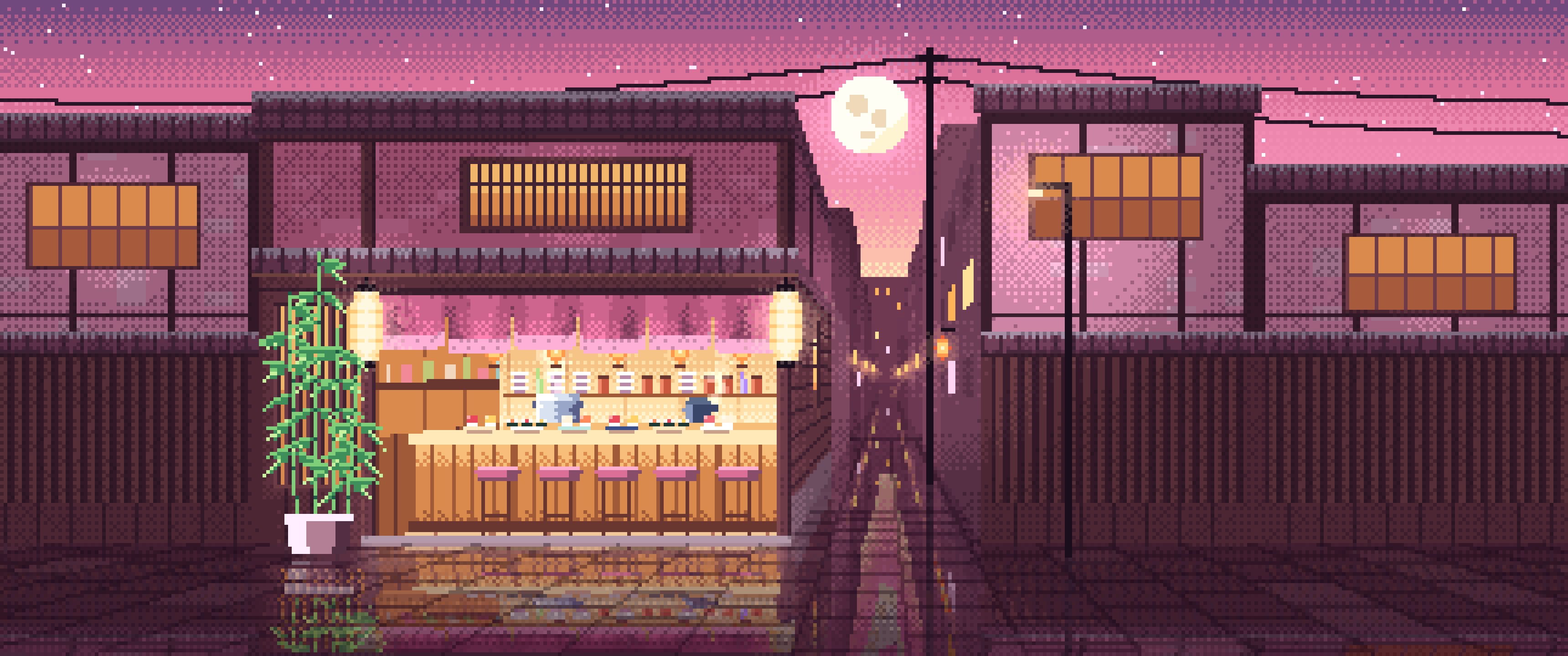 Pink Pixel Art Sushi Bar ultrawide wallpaper, 3440 × 1440