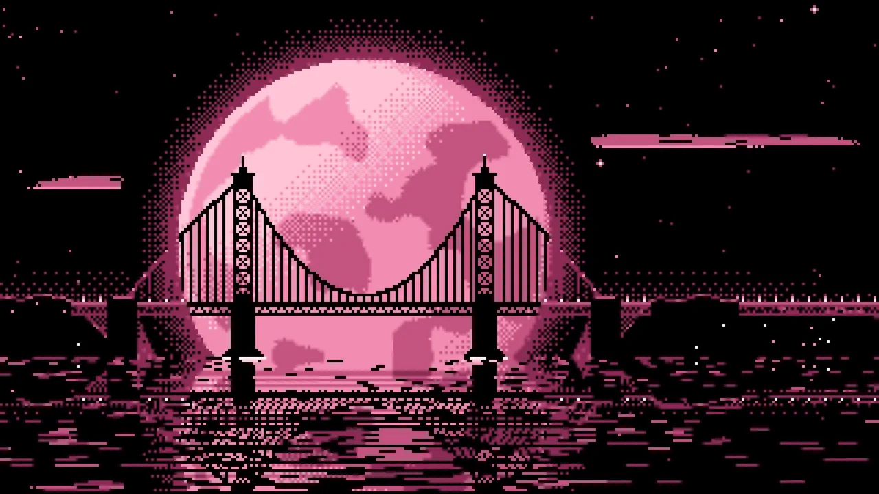 Pink Pixel Art Suspension Bridge and Full Moon desktop wallpaper in 4K