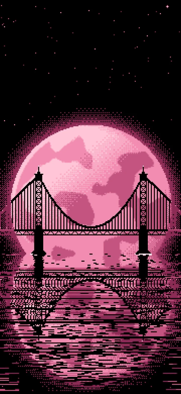 Pink Pixel Art Suspension Bridge and Full Moon wallpaper for iPhone and Android