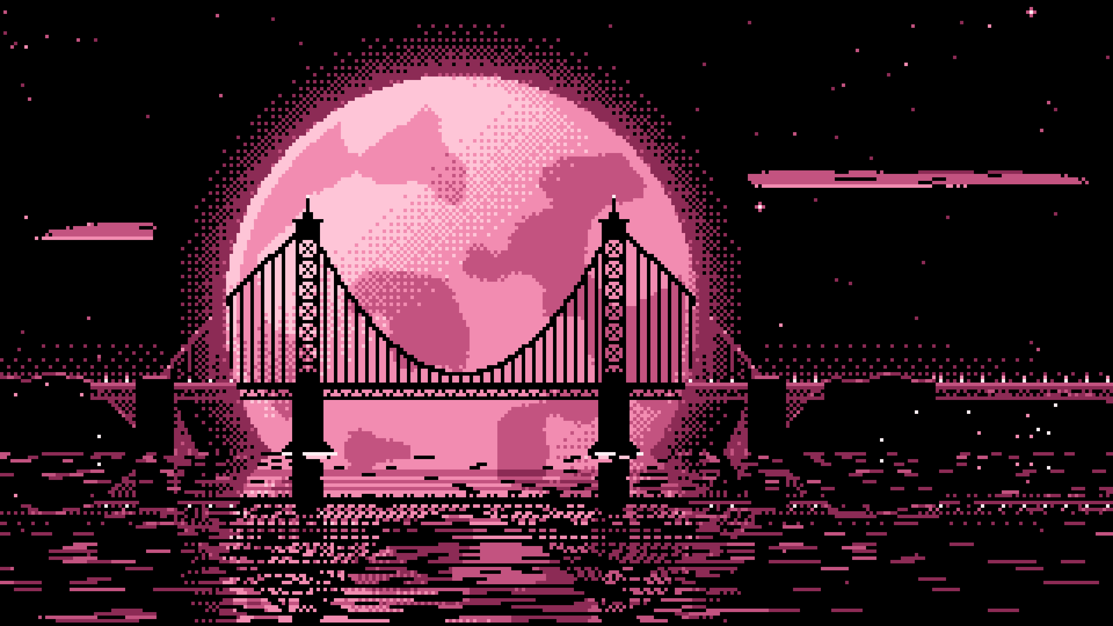 Pink Pixel Art Suspension Bridge and Full Moon desktop wallpaper in 4K