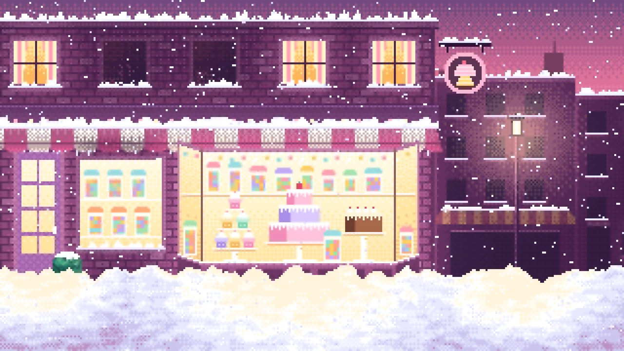Pink Pixel Art Sweet Shop at Night in the Snow desktop wallpaper in 4K