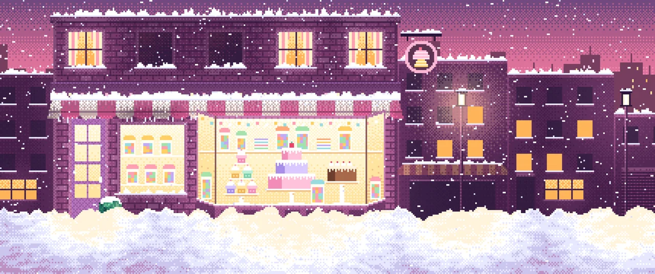 Pink Pixel Art Sweet Shop at Night in the Snow ultrawide wallpaper, 3440 × 1440