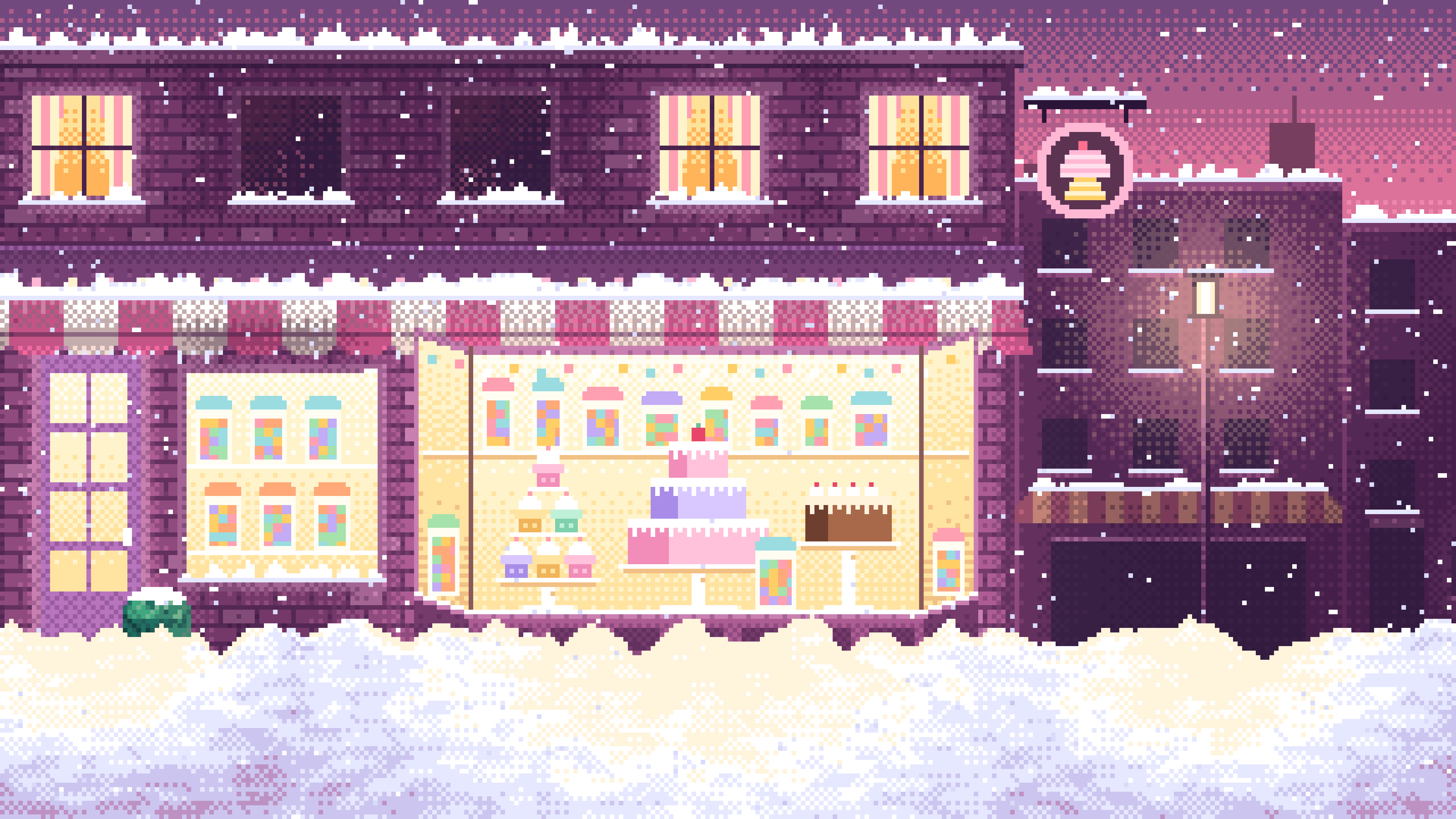 Pink Pixel Art Sweet Shop at Night in the Snow desktop wallpaper in 4K