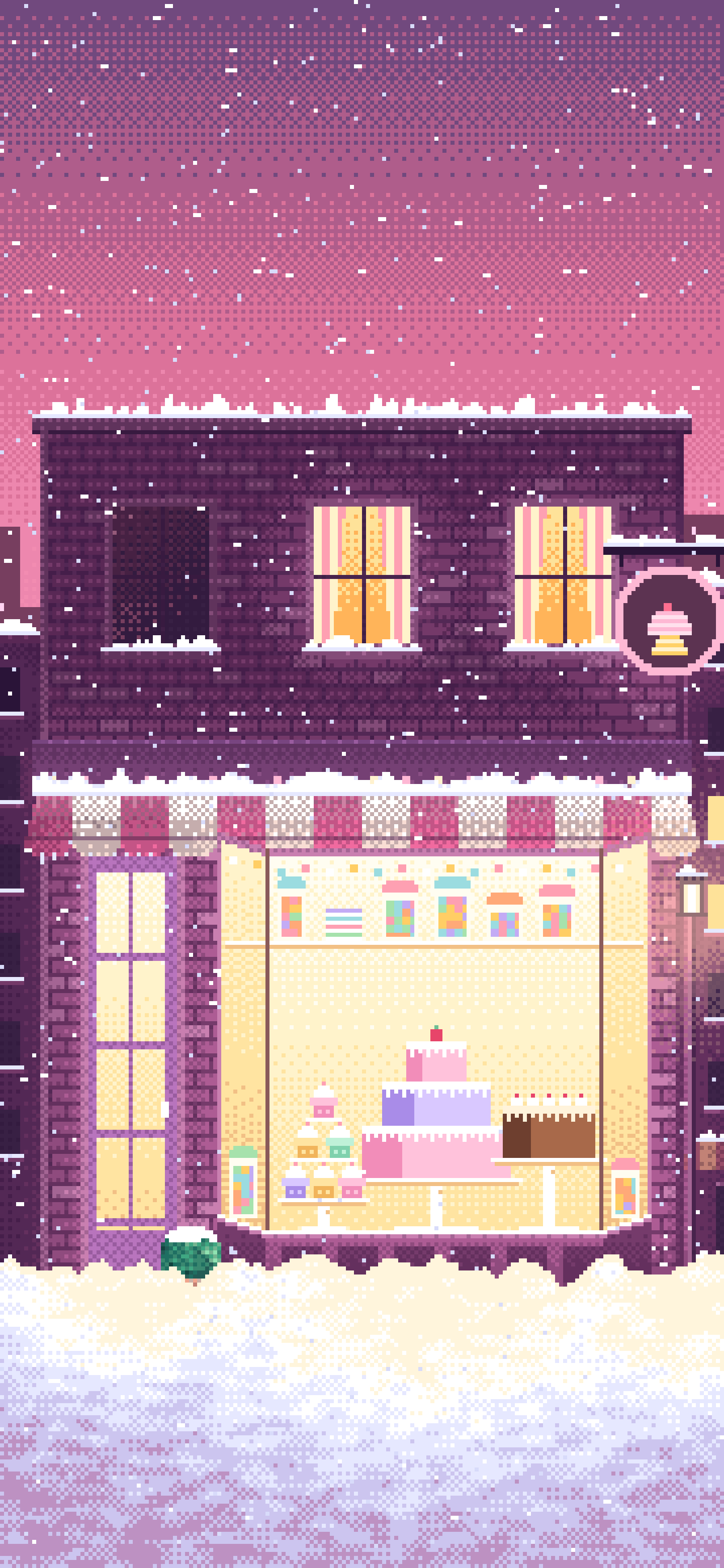 Pink Pixel Art Sweet Shop at Night in the Snow wallpaper for iPhone and Android