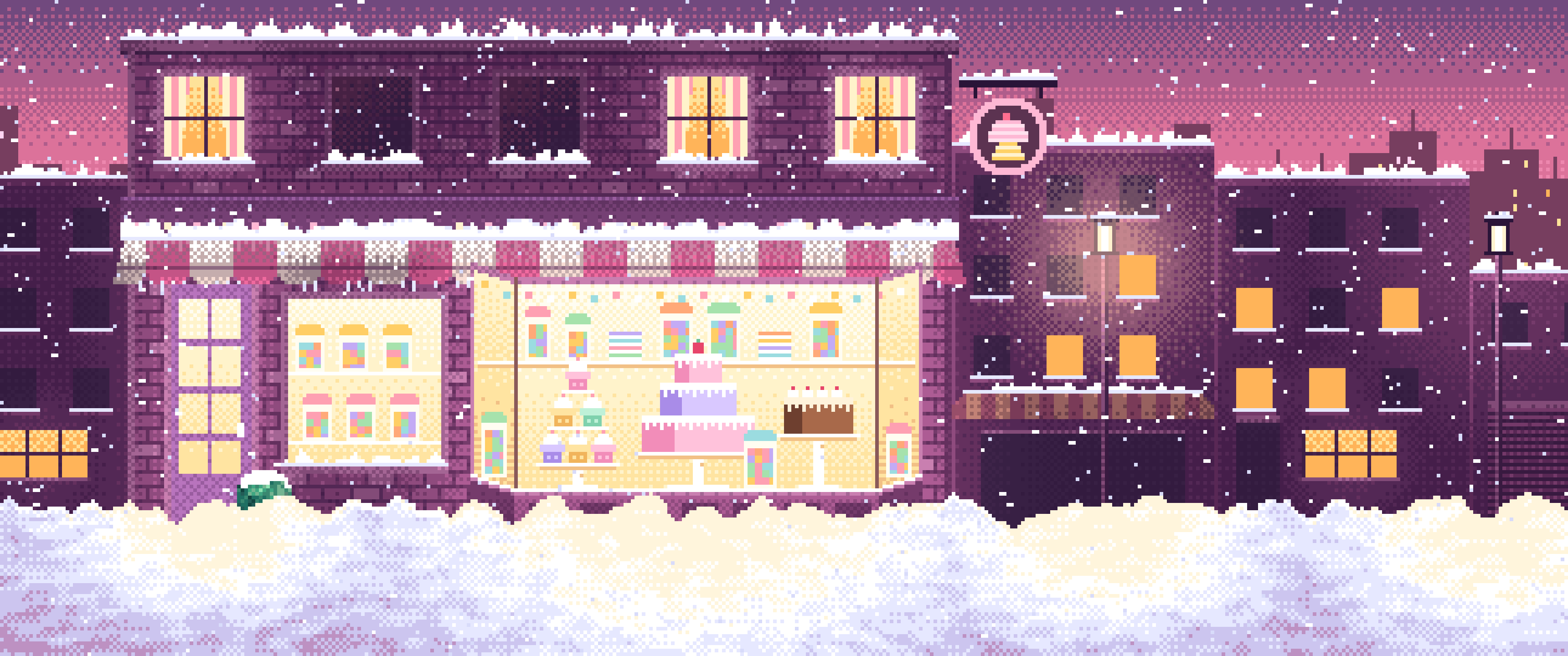 Pink Pixel Art Sweet Shop at Night in the Snow ultrawide wallpaper, 3440 × 1440