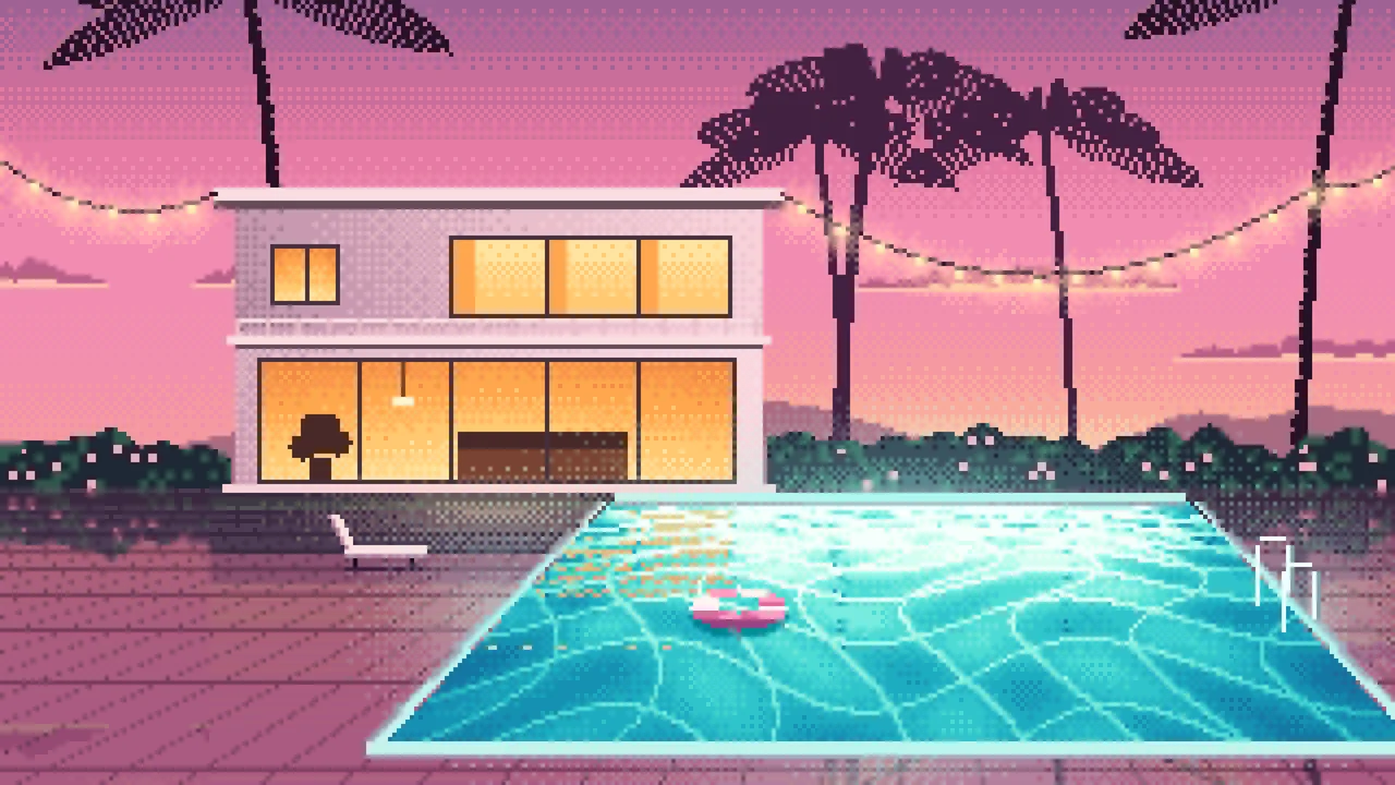 Pink Pixel Art Swimming Pool at Dusk desktop wallpaper in 4K