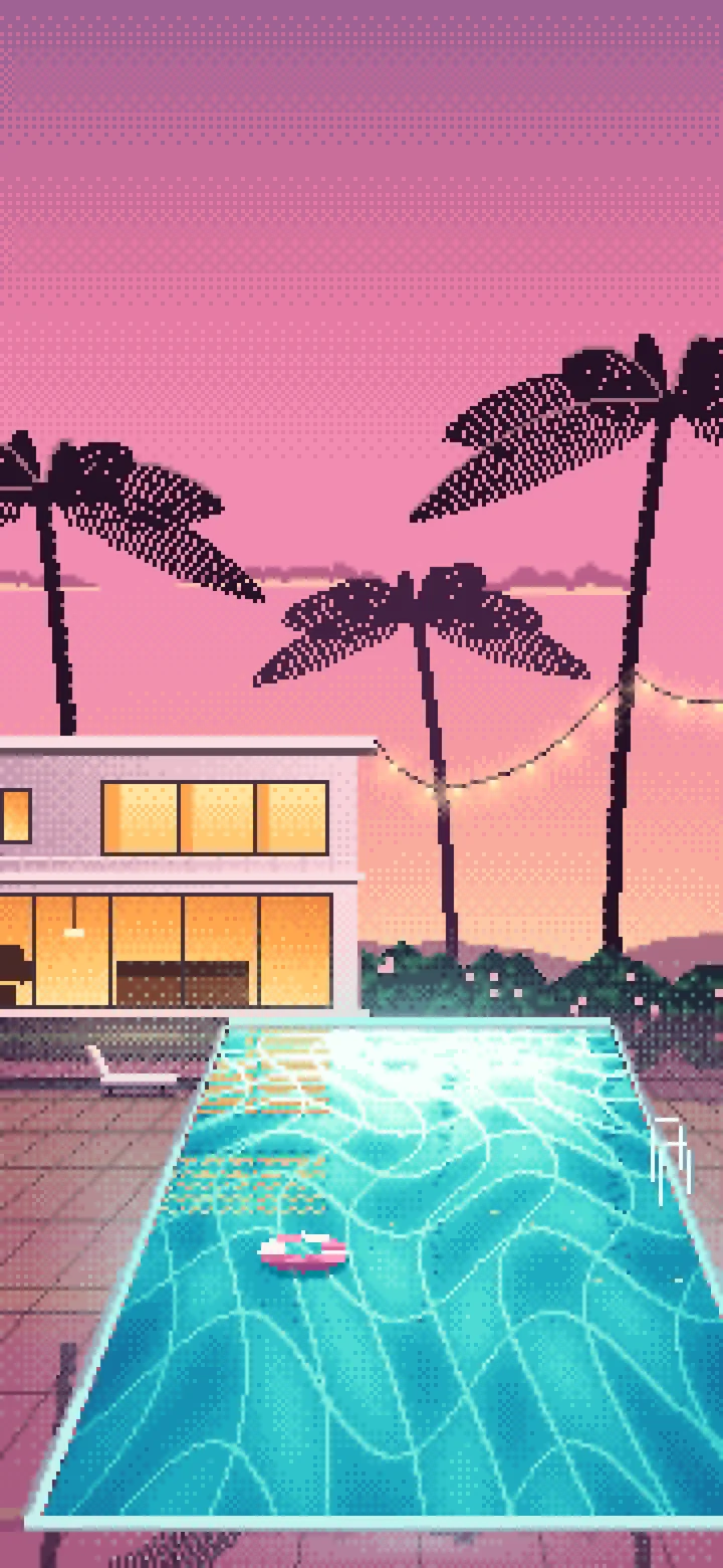Pink Pixel Art Swimming Pool at Dusk wallpaper for iPhone and Android
