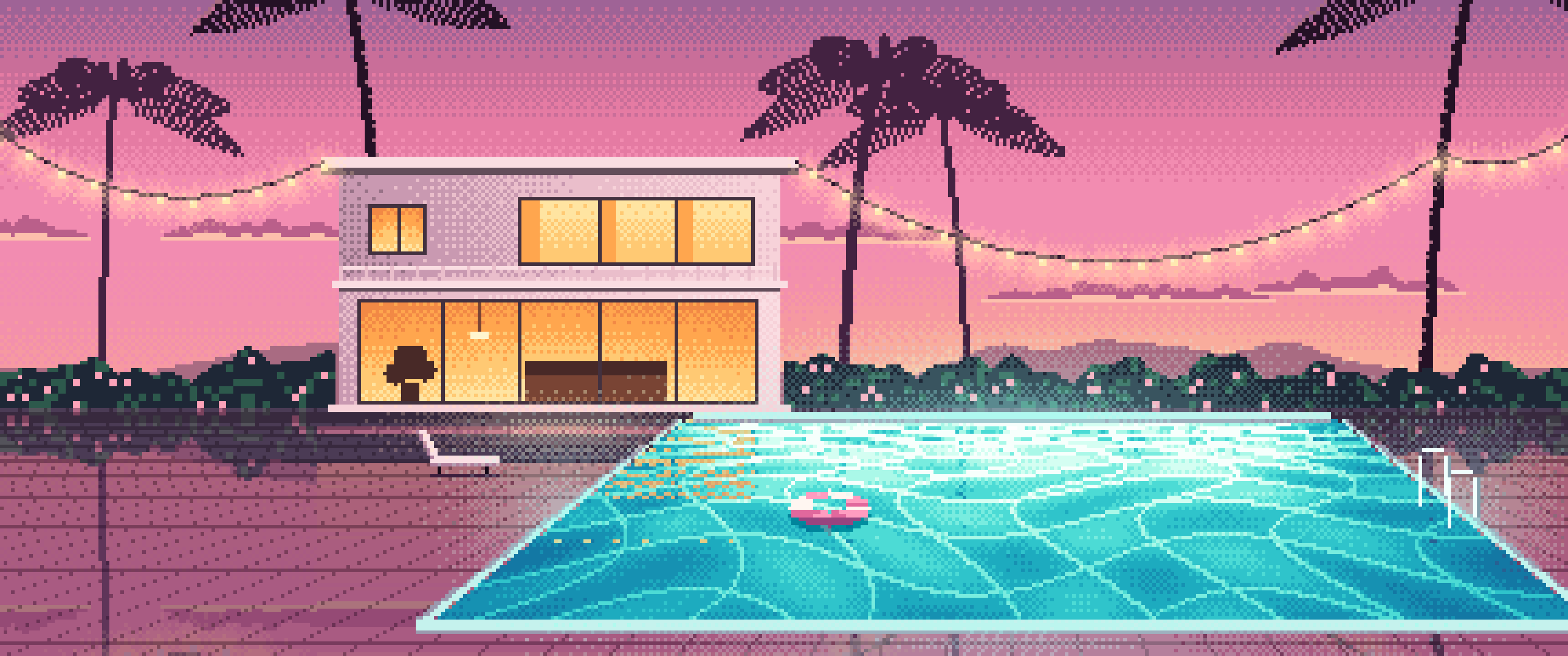 Pink Pixel Art Swimming Pool at Dusk ultrawide wallpaper, 3440 × 1440