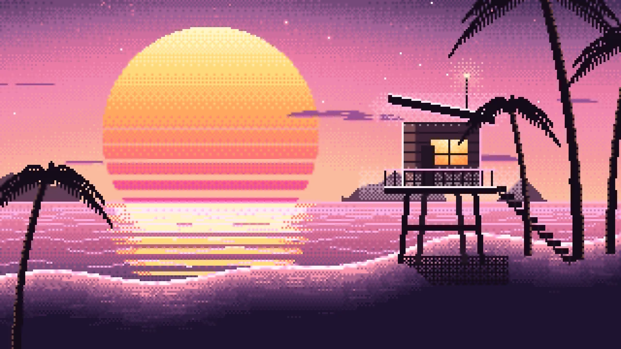 Pink Pixel Art Synthwave Beach desktop wallpaper in 4K