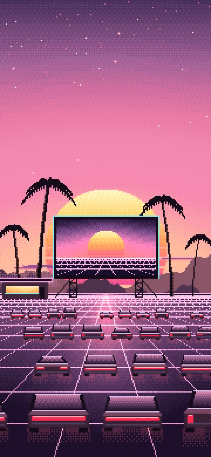 Pink Pixel Art Synthwave Drive-In at Sunset wallpaper for iPhone and Android