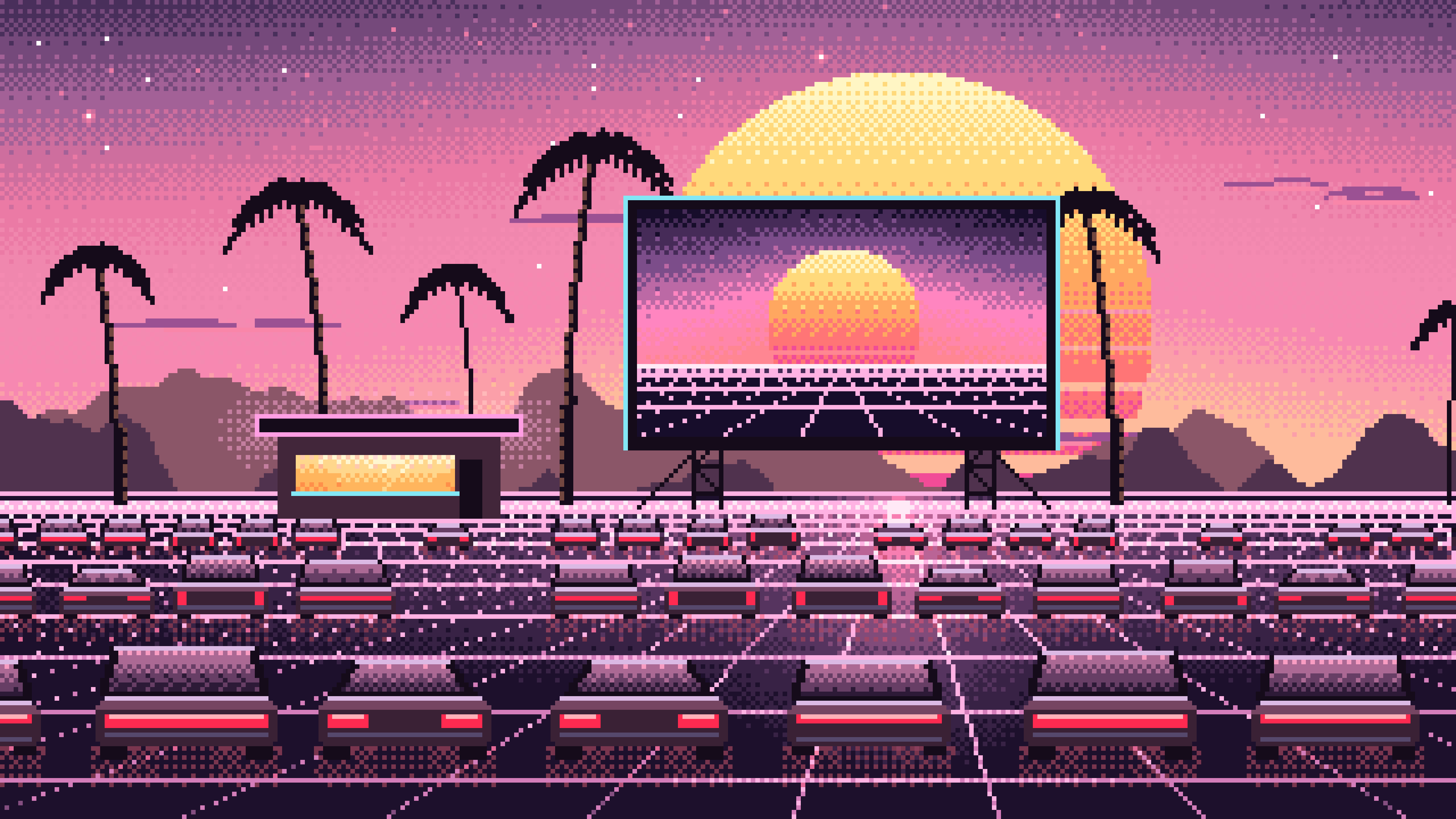 Pink Pixel Art Synthwave Drive-In at Sunset desktop wallpaper in 4K