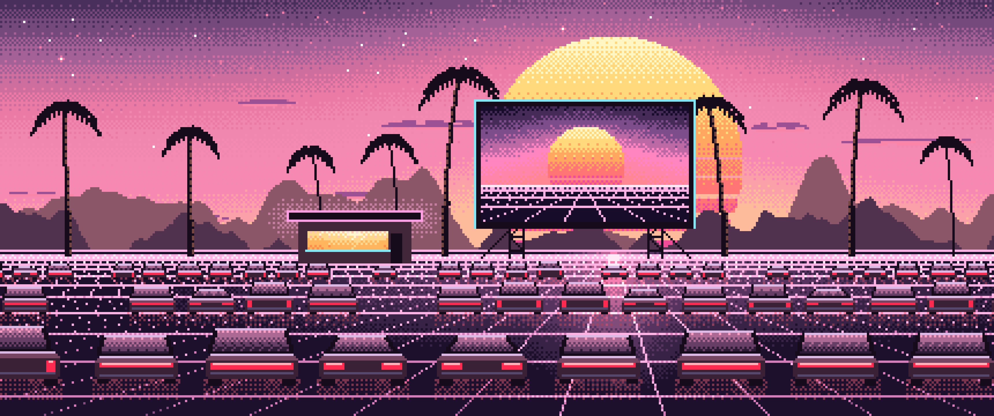 Pink Pixel Art Synthwave Drive-In at Sunset ultrawide wallpaper, 3440 × 1440