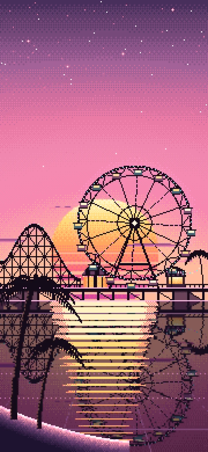 Pink Pixel Art Synthwave Ferris Wheel Pier wallpaper for iPhone and Android