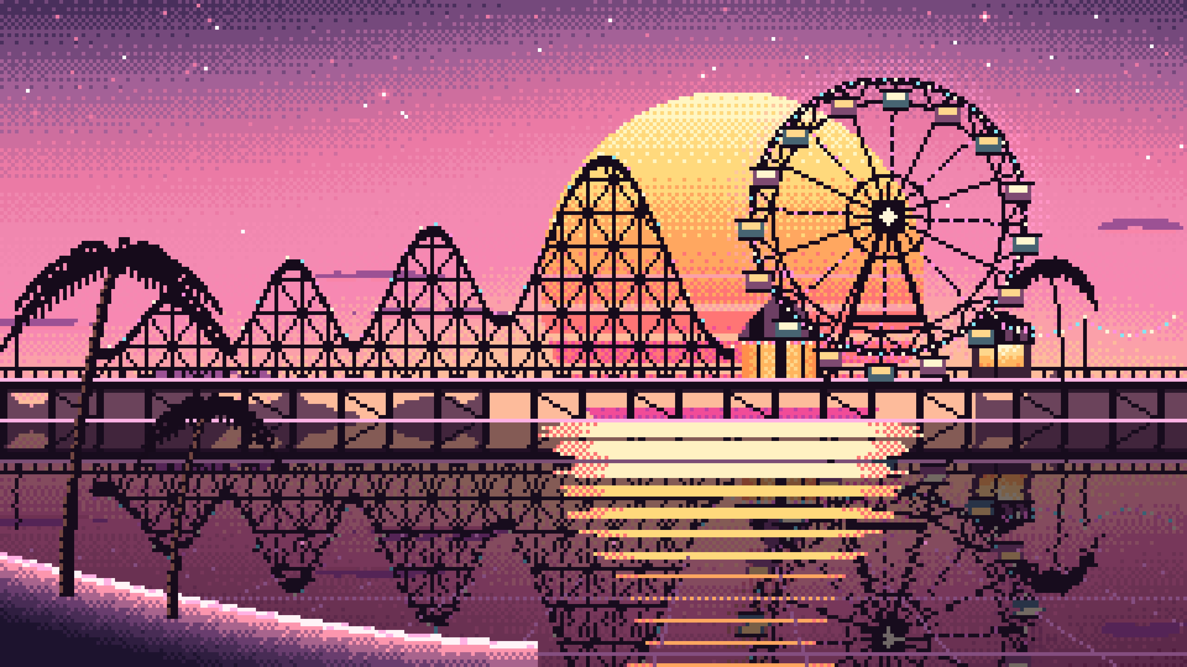 Pink Pixel Art Synthwave Ferris Wheel Pier desktop wallpaper in 4K
