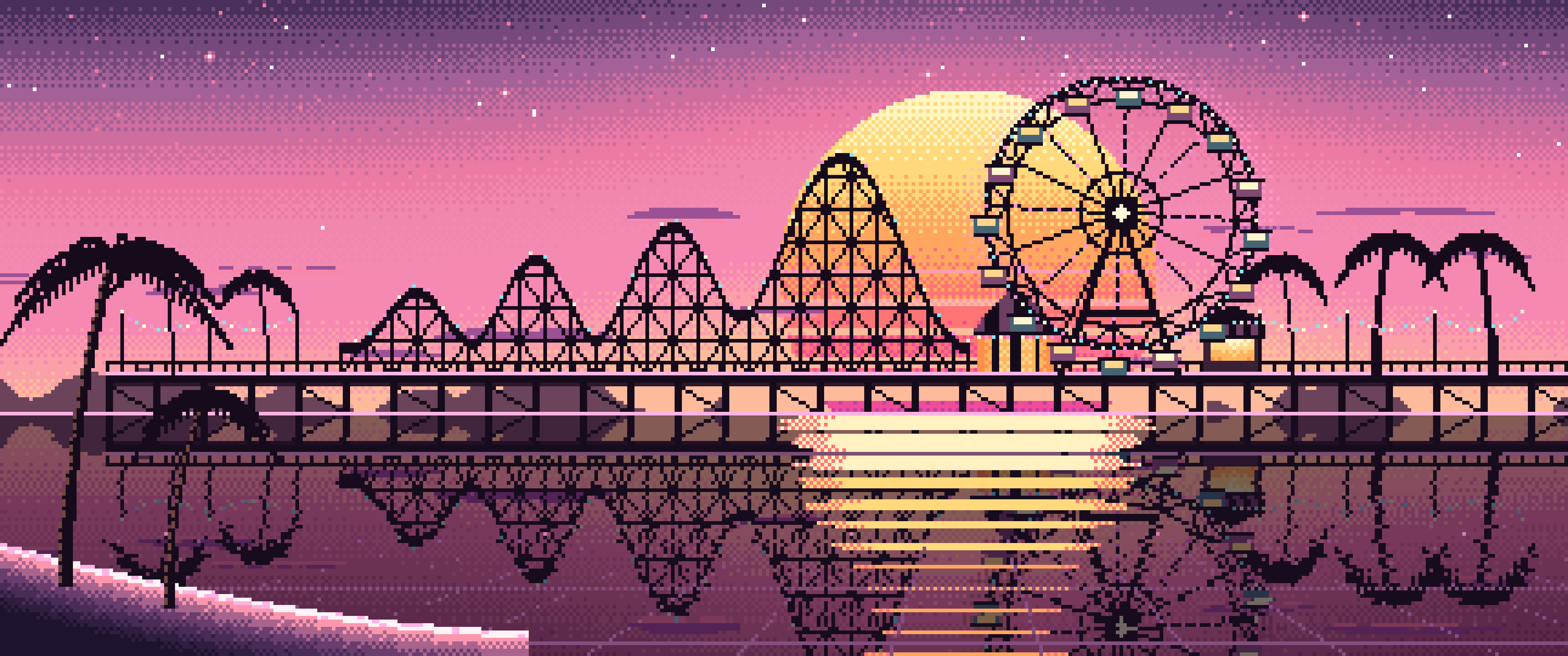 Pink Pixel Art Synthwave Ferris Wheel Pier ultrawide wallpaper, 3440 × 1440