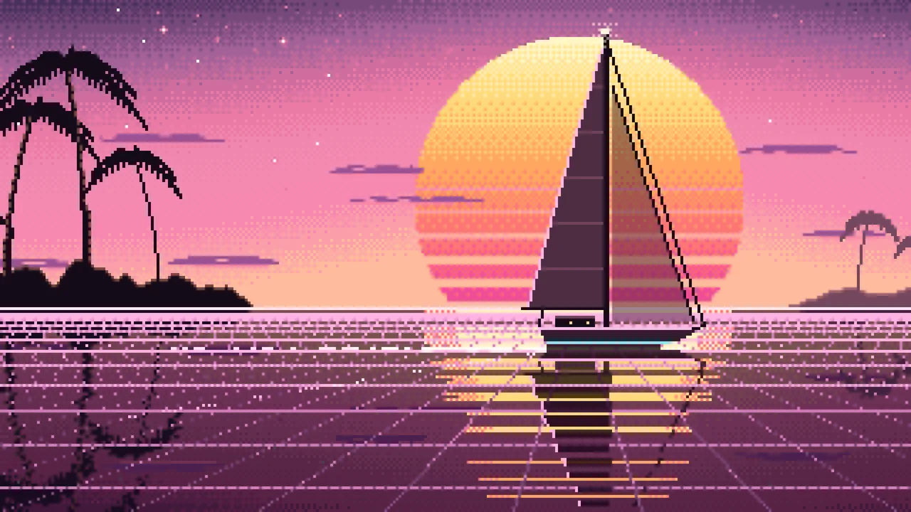 Pink Pixel Art Synthwave Sailboat at Sunset desktop wallpaper in 4K