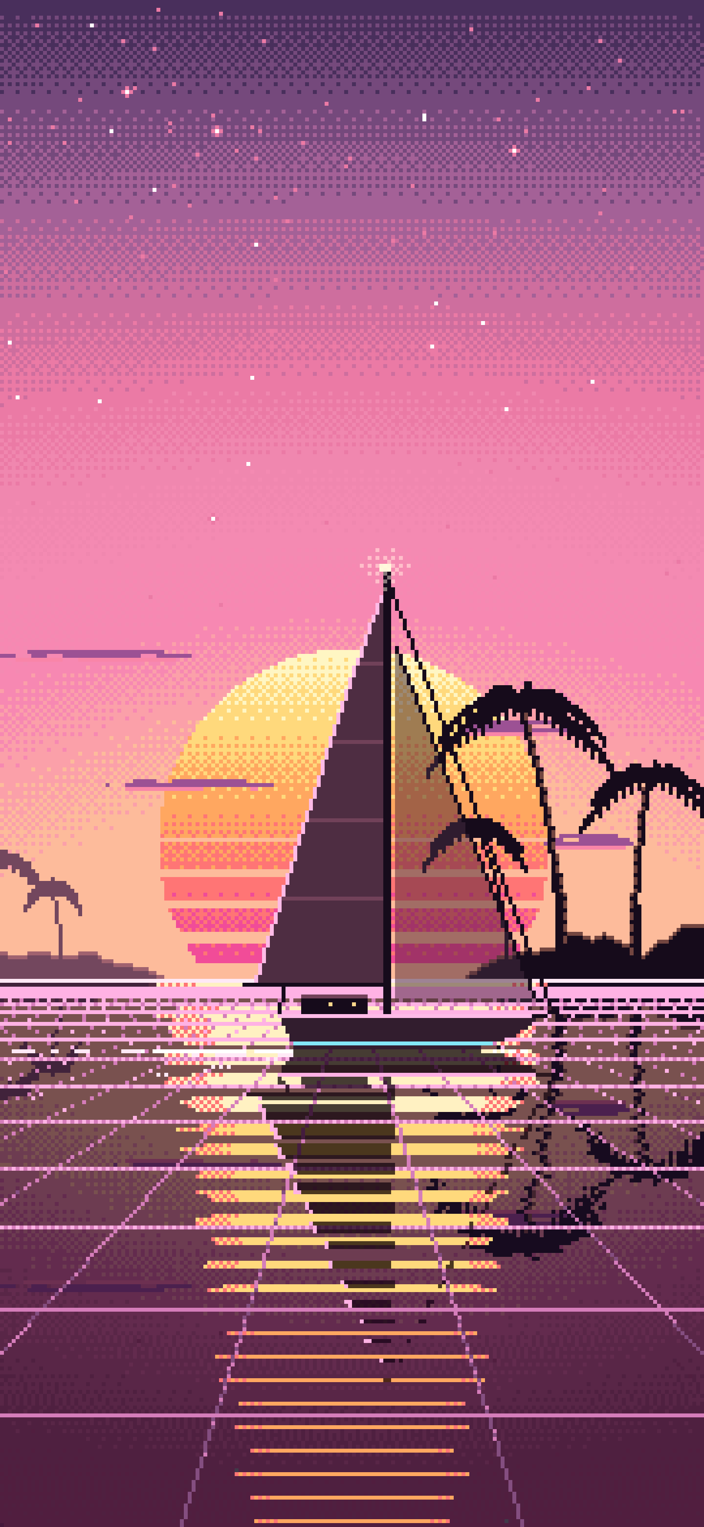 Pink Pixel Art Synthwave Sailboat at Sunset wallpaper for iPhone and Android