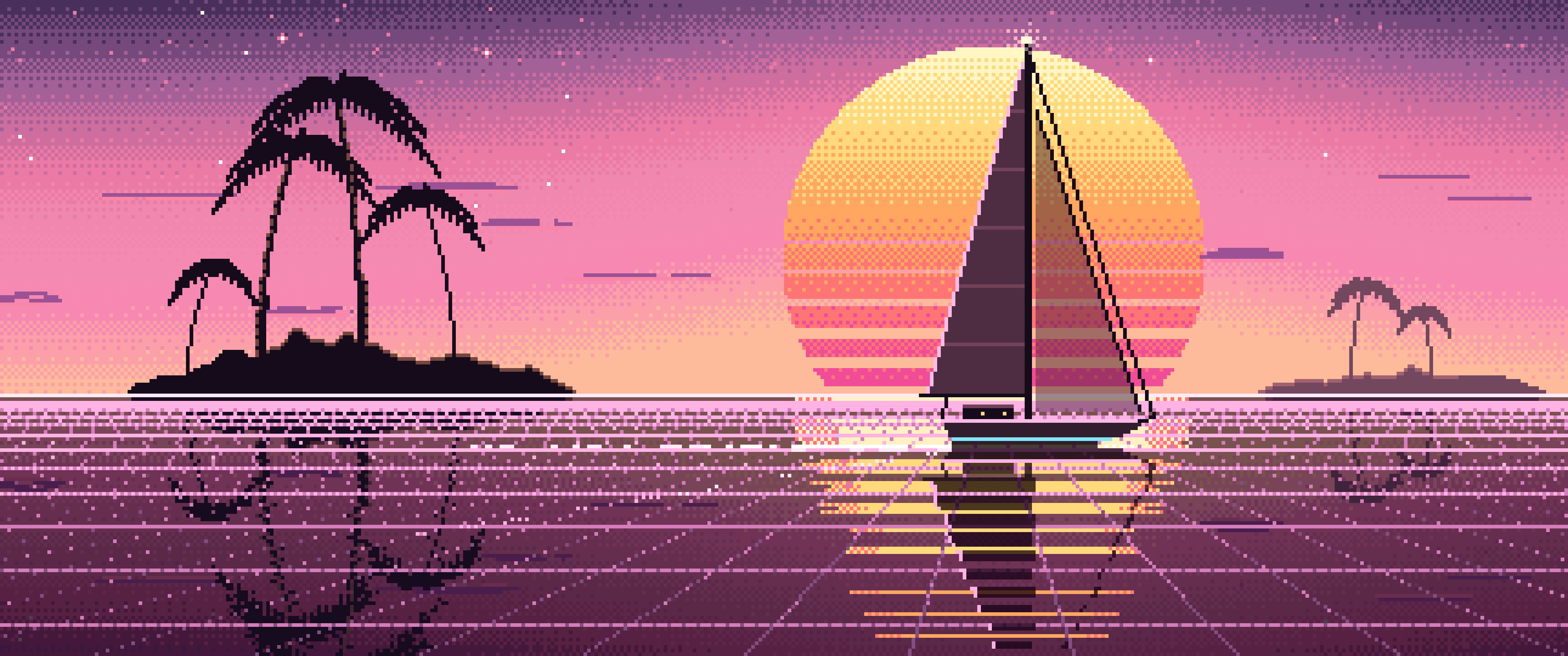Pink Pixel Art Synthwave Sailboat at Sunset ultrawide wallpaper, 3440 × 1440