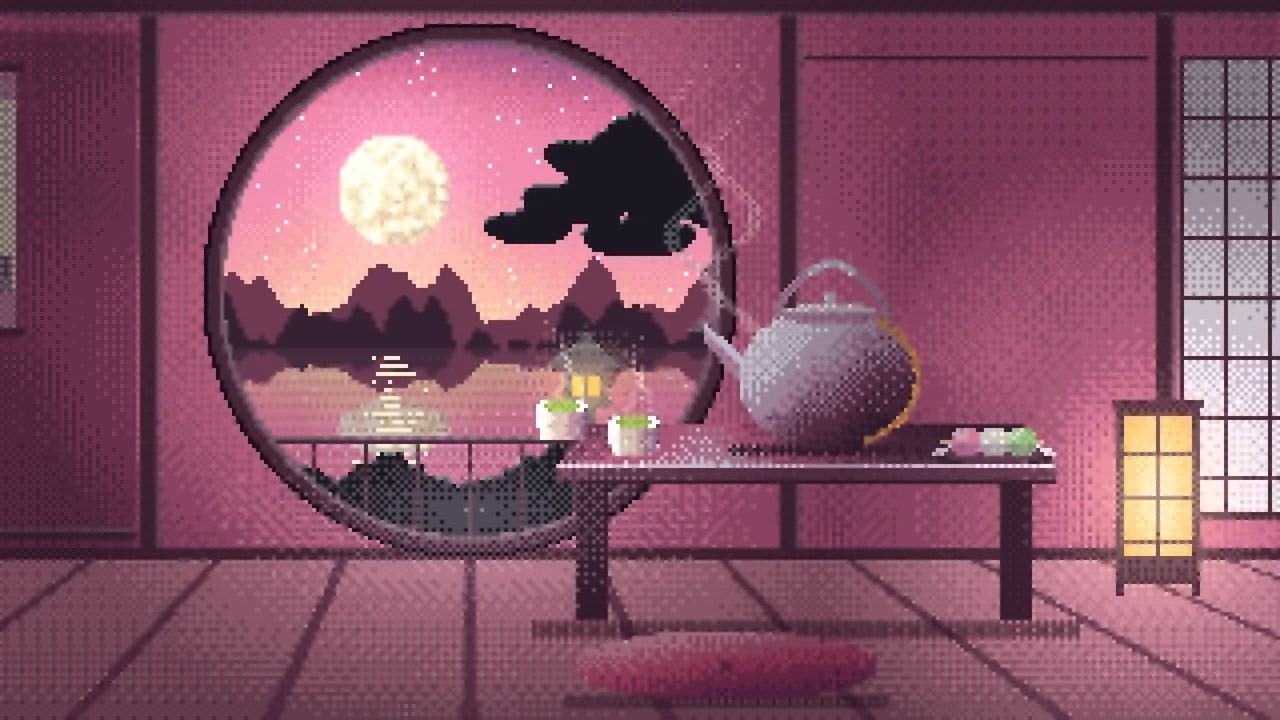 Pink Pixel Art Tea House and Moon Window desktop wallpaper in 4K