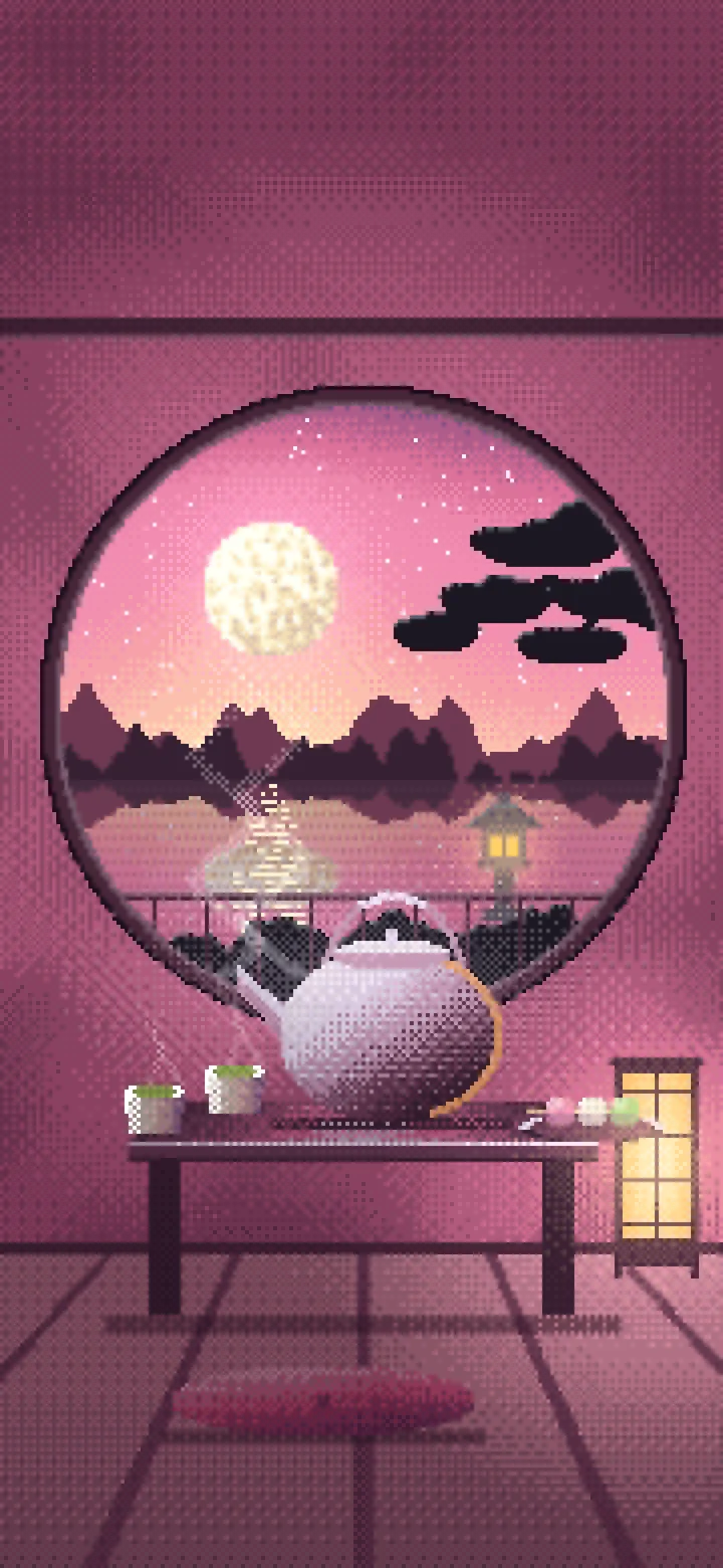 Pink Pixel Art Tea House and Moon Window wallpaper for iPhone and Android