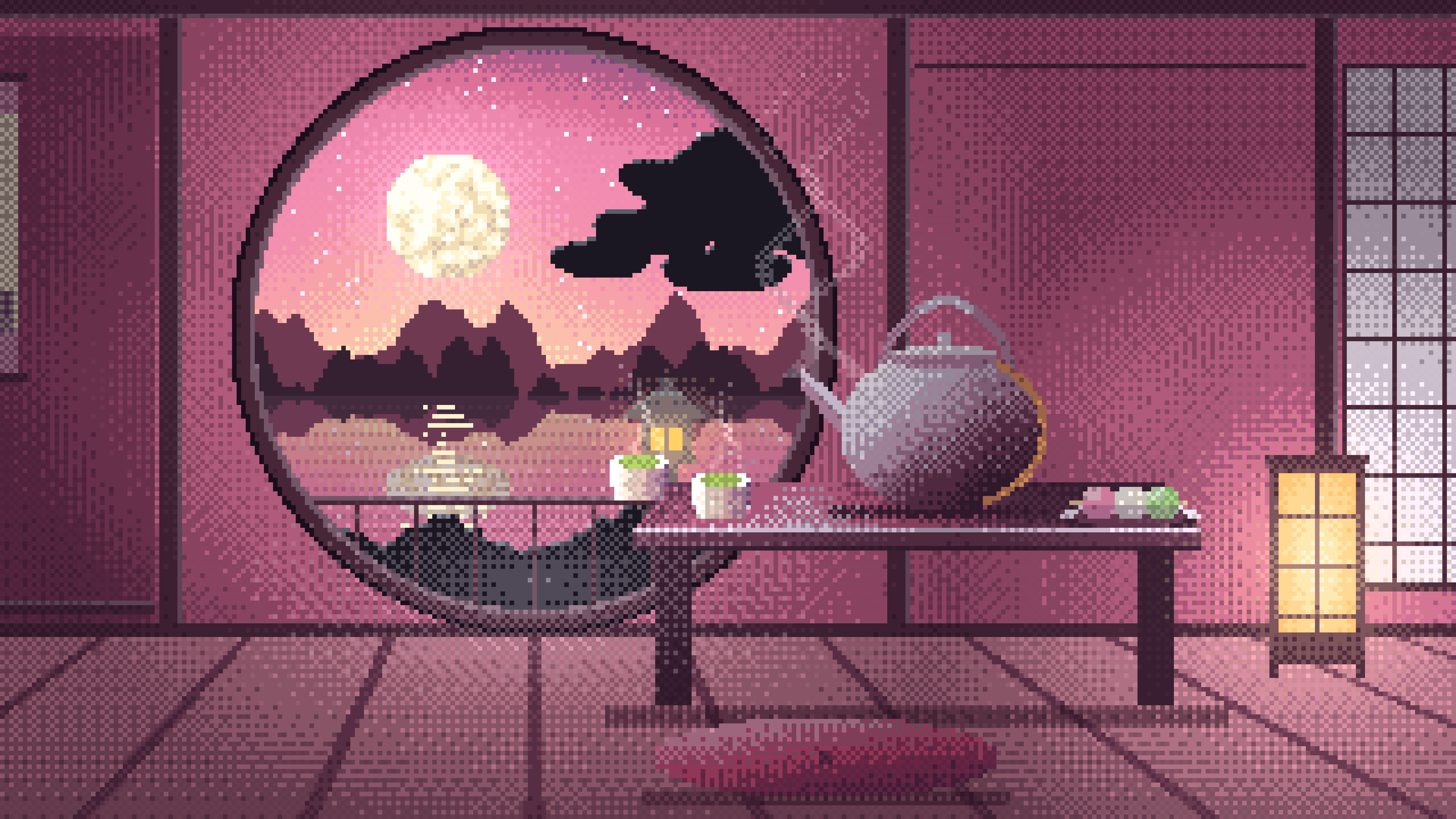 Pink Pixel Art Tea House and Moon Window desktop wallpaper in 4K
