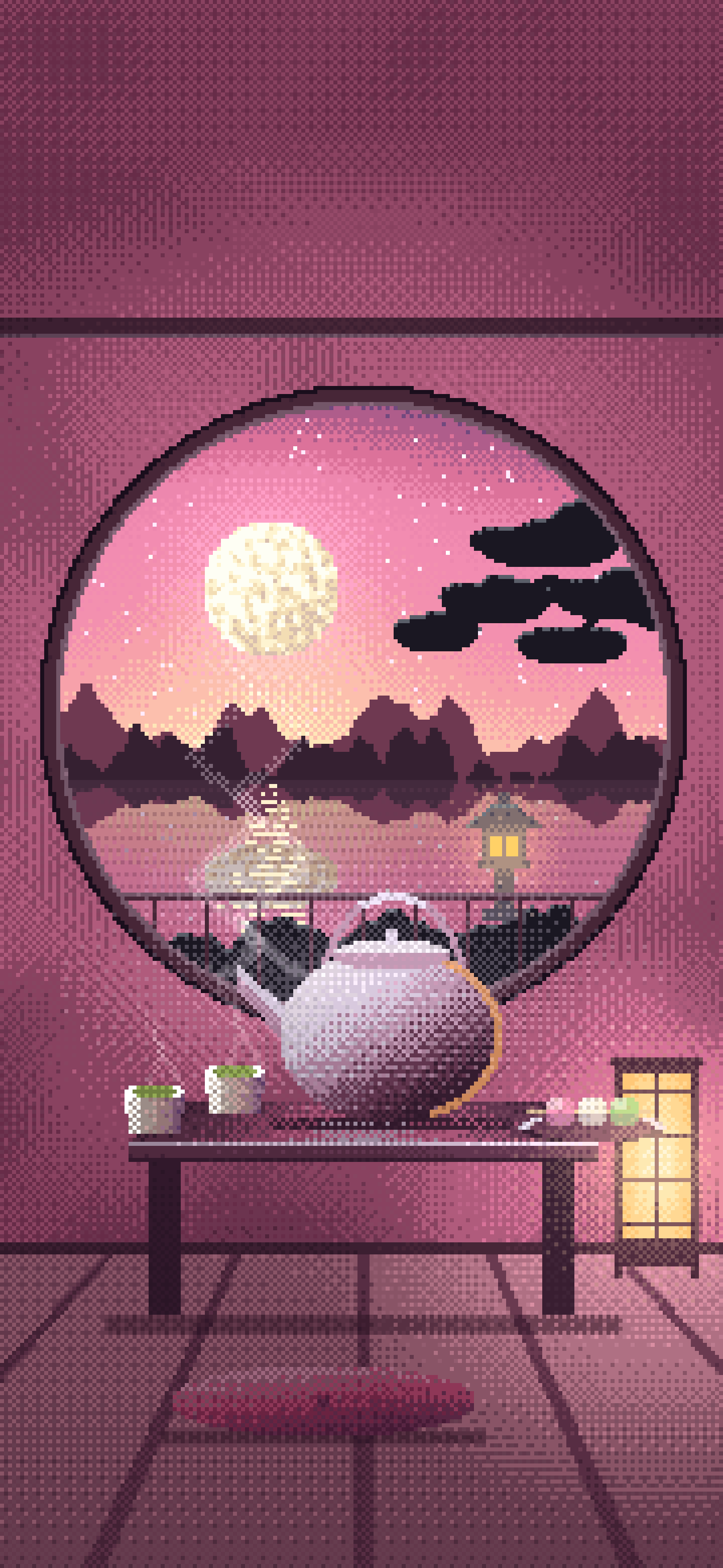 Pink Pixel Art Tea House and Moon Window wallpaper for iPhone and Android