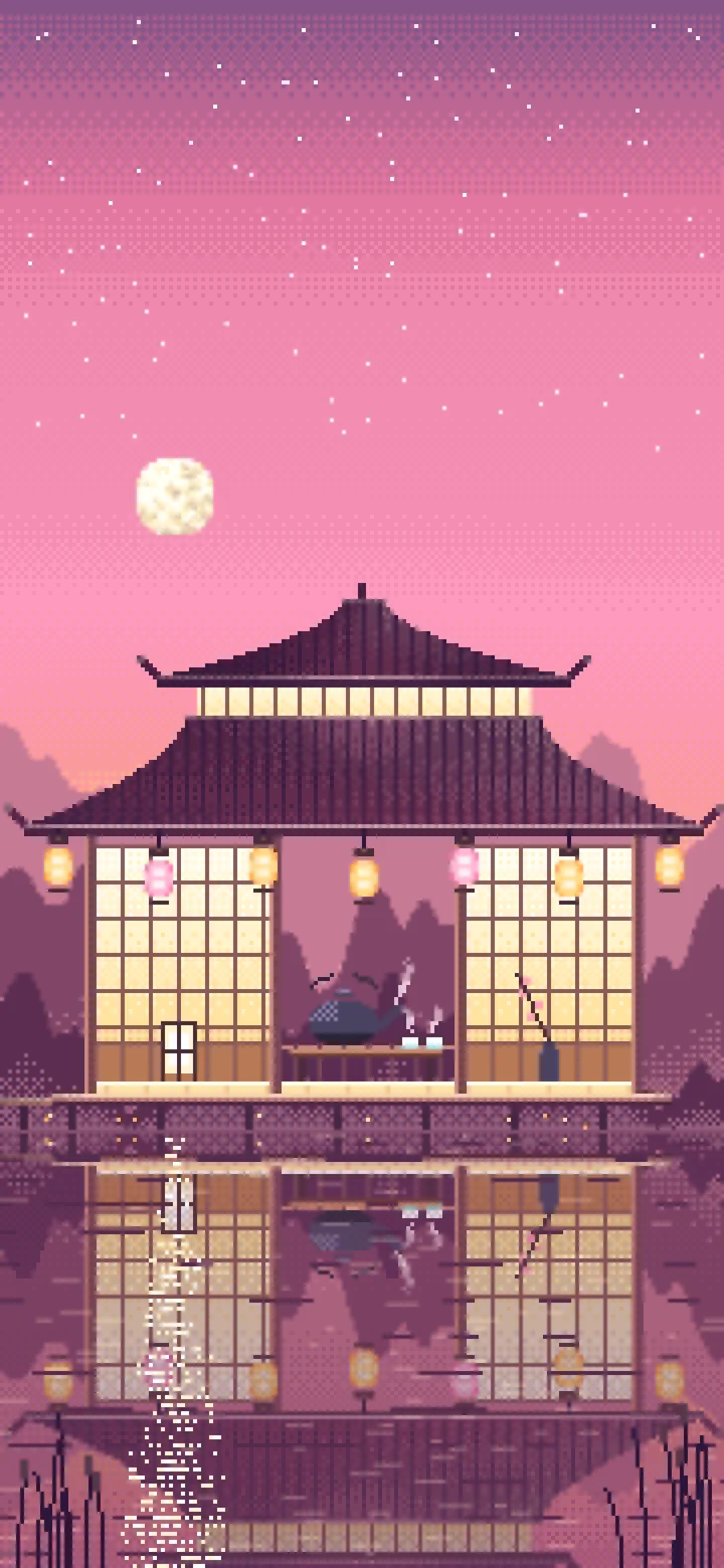 Pink Pixel Art Tea House by a Lake wallpaper for iPhone and Android