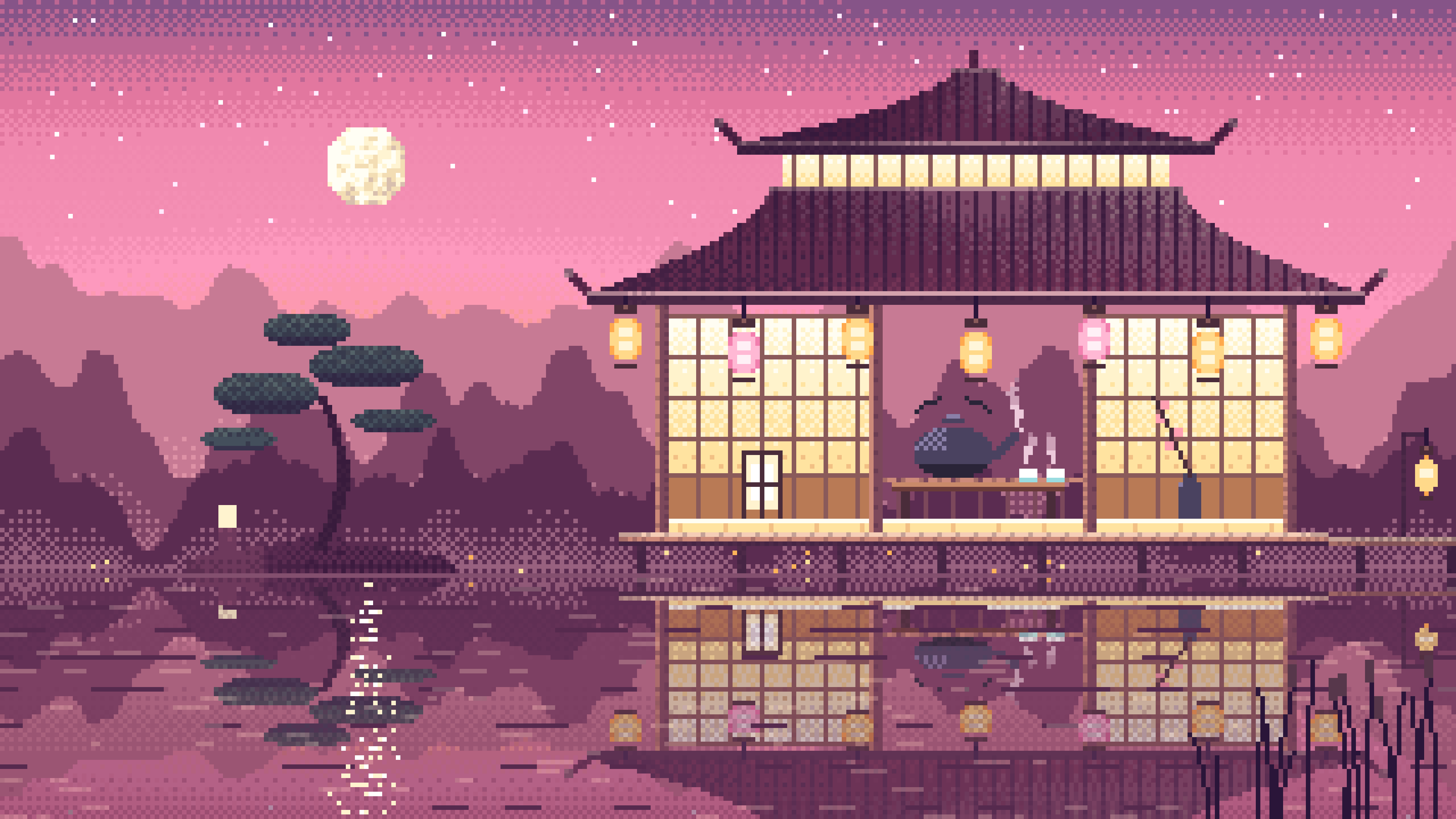 Pink Pixel Art Tea House by a Lake desktop wallpaper in 4K