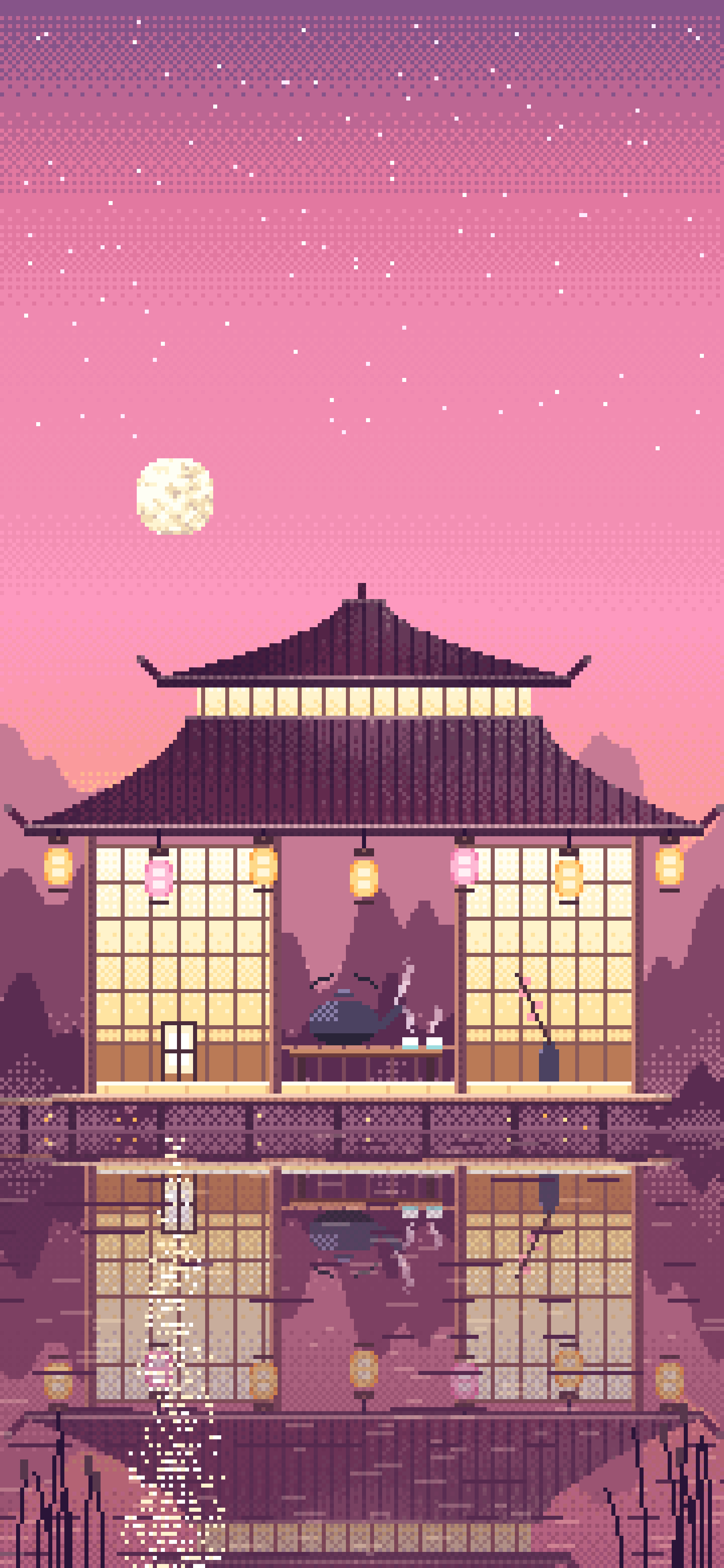 Pink Pixel Art Tea House by a Lake wallpaper for iPhone and Android