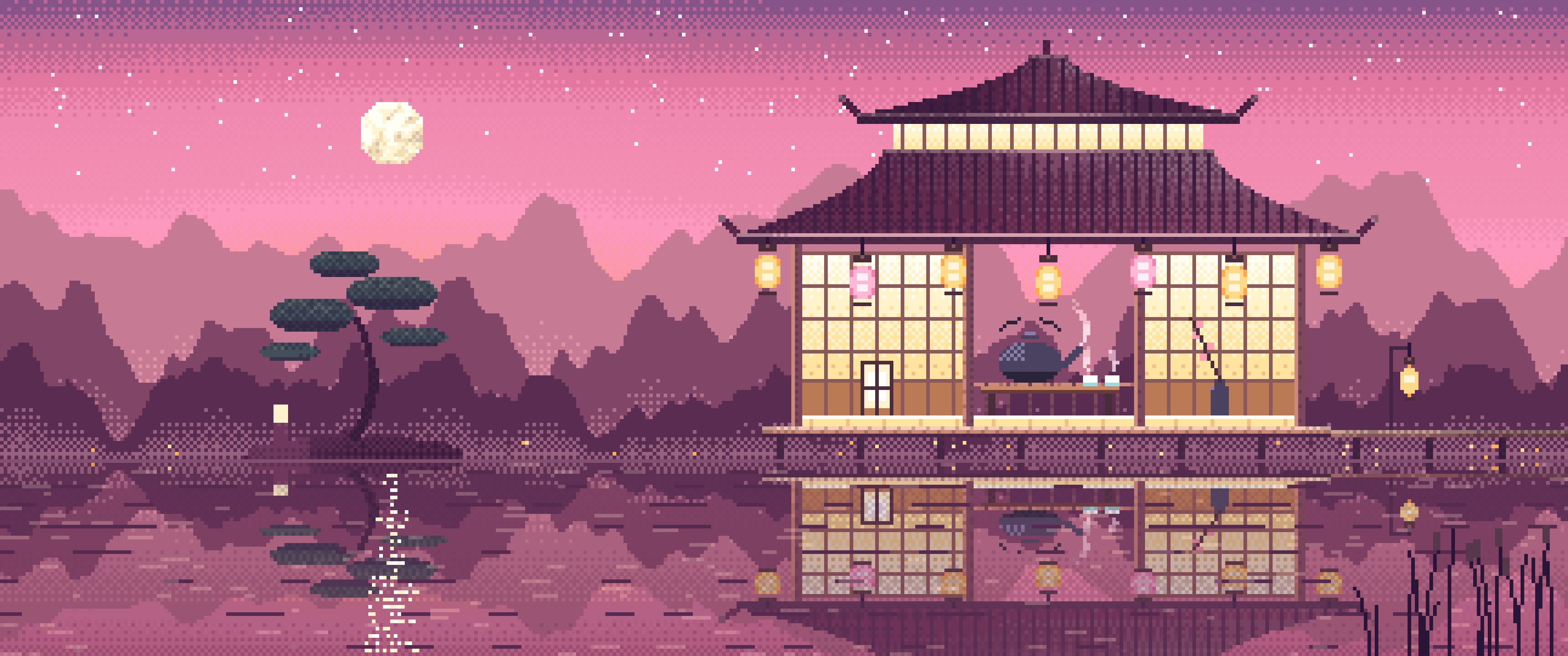 Pink Pixel Art Tea House by a Lake ultrawide wallpaper, 3440 × 1440