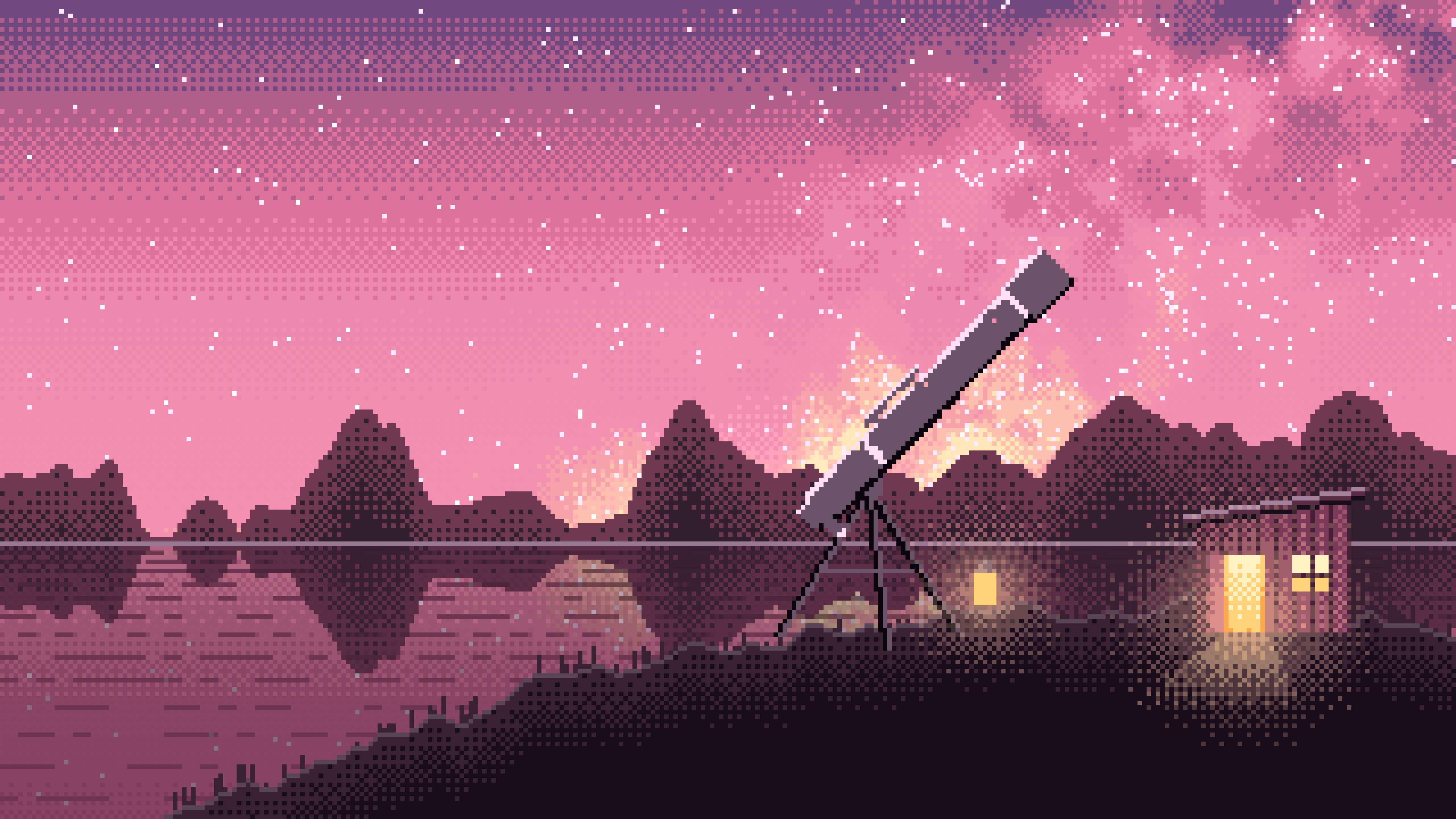 Pink Pixel Art Telescope Under the Milky Way desktop wallpaper in 4K