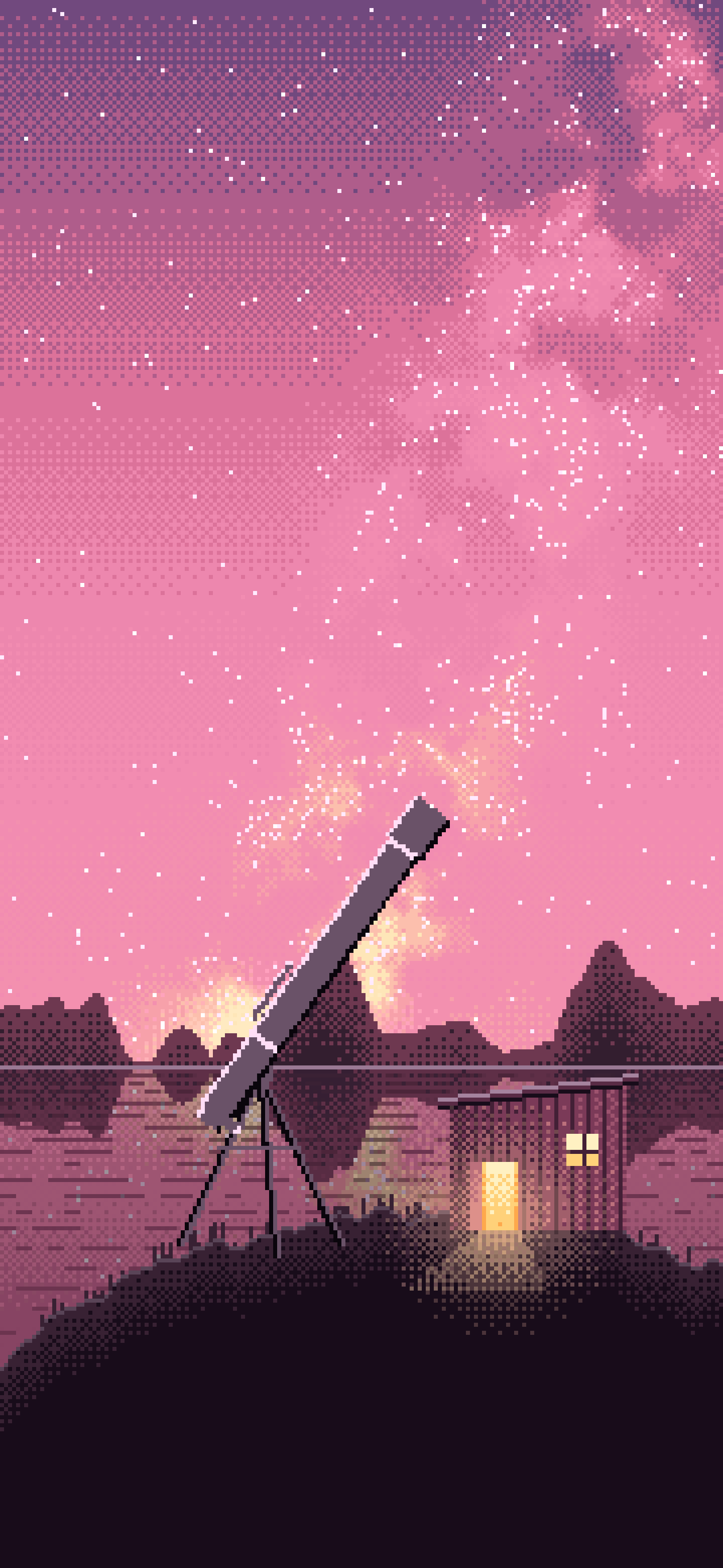 Pink Pixel Art Telescope Under the Milky Way wallpaper for iPhone and Android