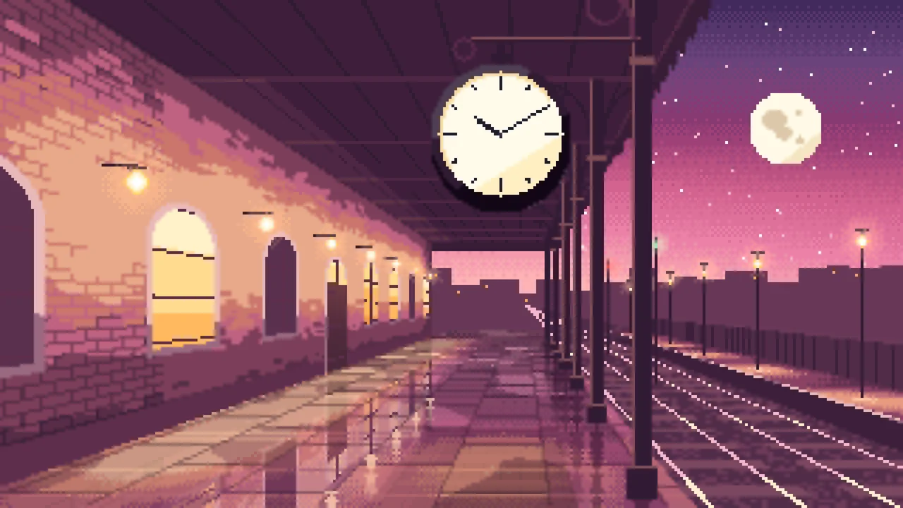 Pink Pixel Art Train Station Clock desktop wallpaper in 4K