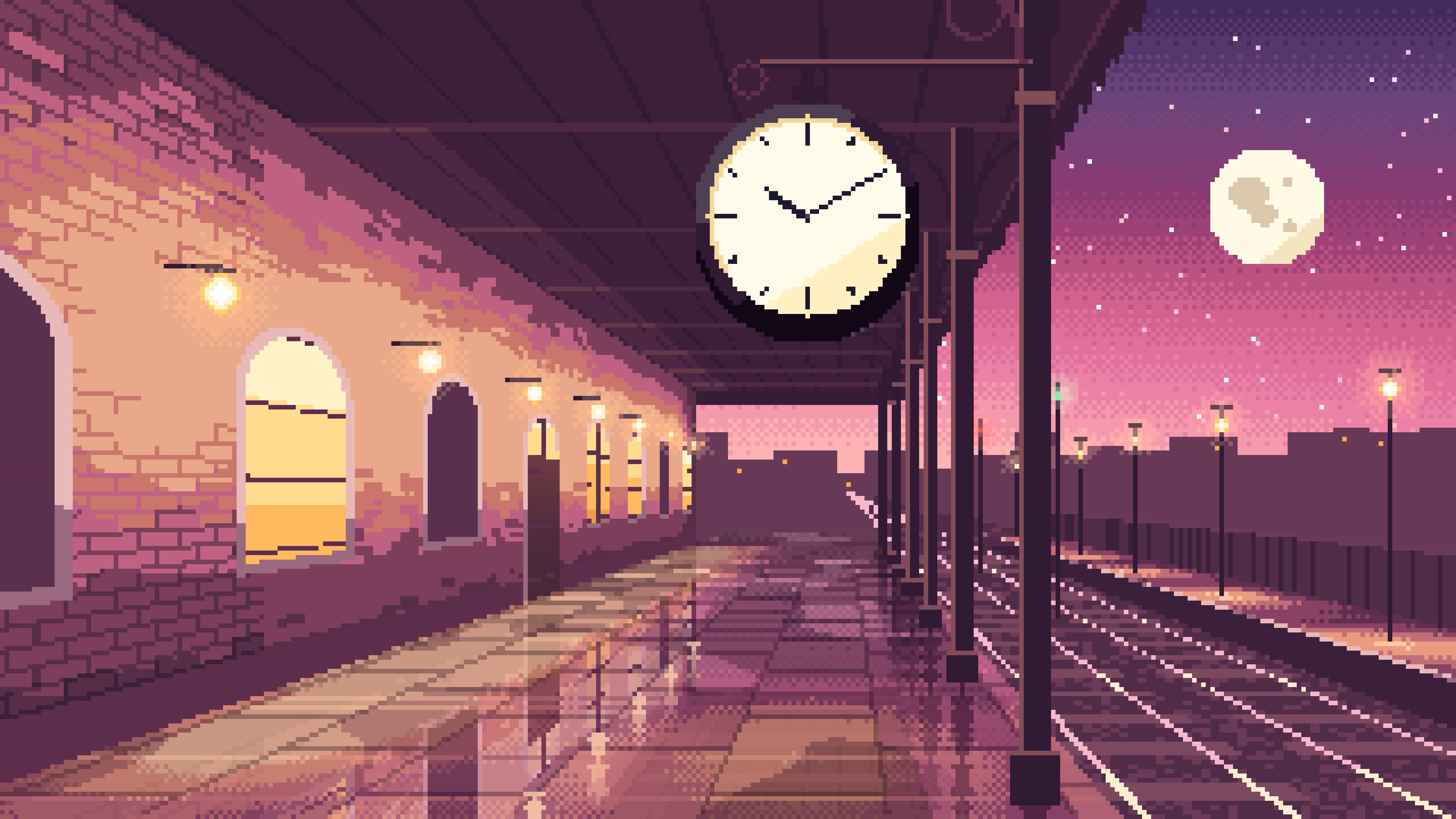 Pink Pixel Art Train Station Clock desktop wallpaper in 4K
