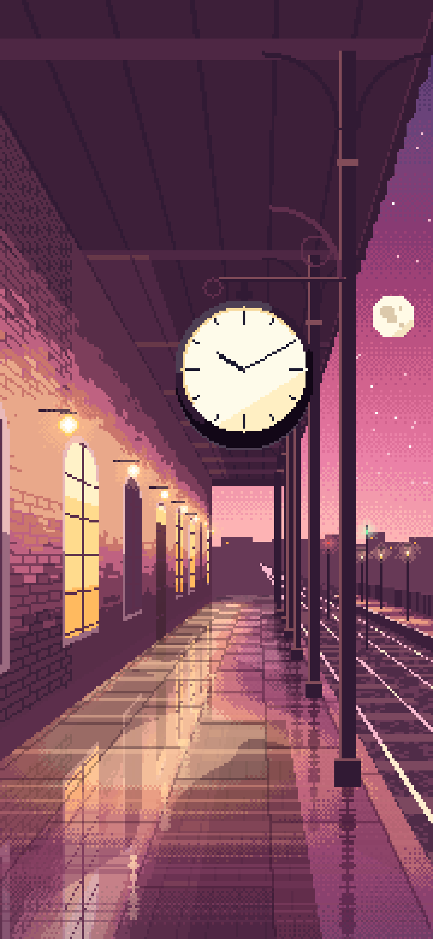 Pink Pixel Art Train Station Clock wallpaper for iPhone and Android