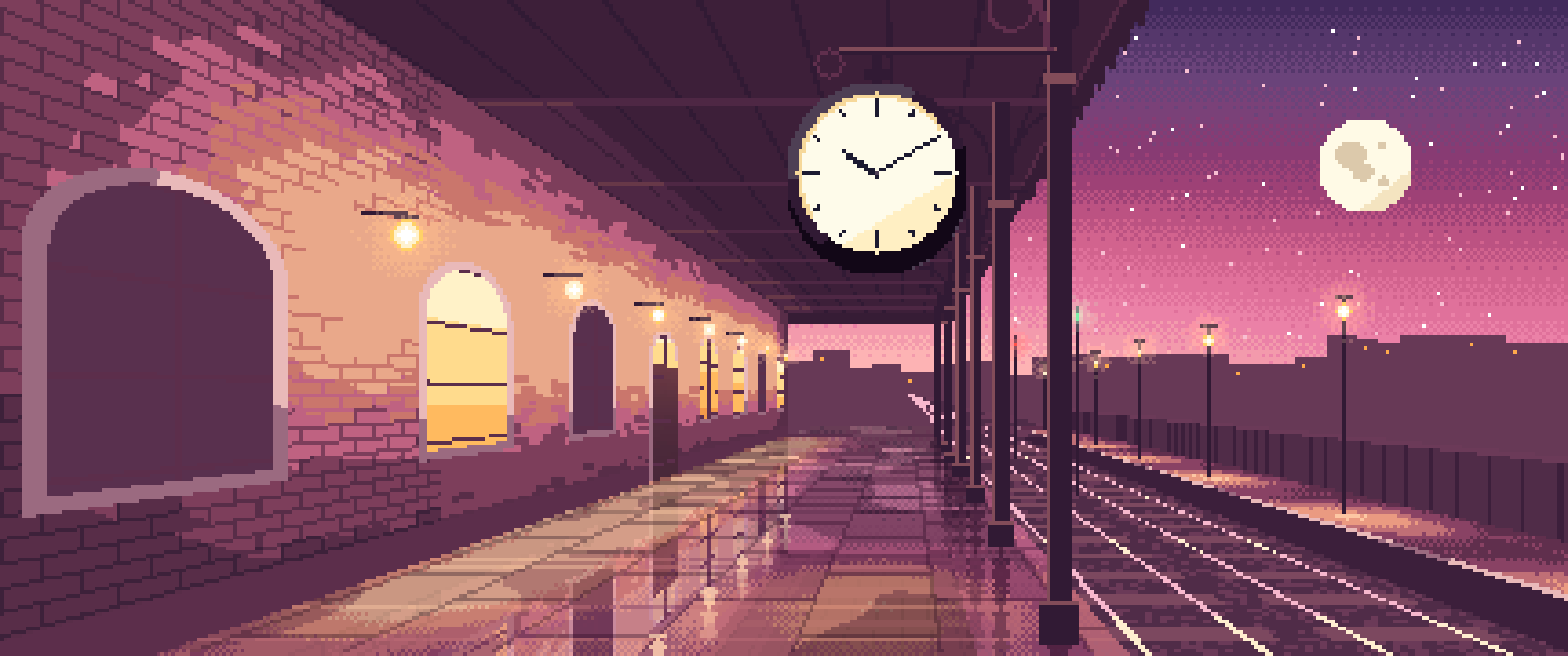 Pink Pixel Art Train Station Clock ultrawide wallpaper, 3440 × 1440