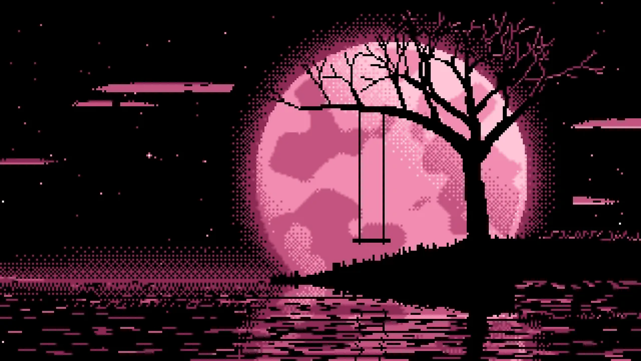 Pink Pixel Art Tree Swing and Full Moon desktop wallpaper in 4K