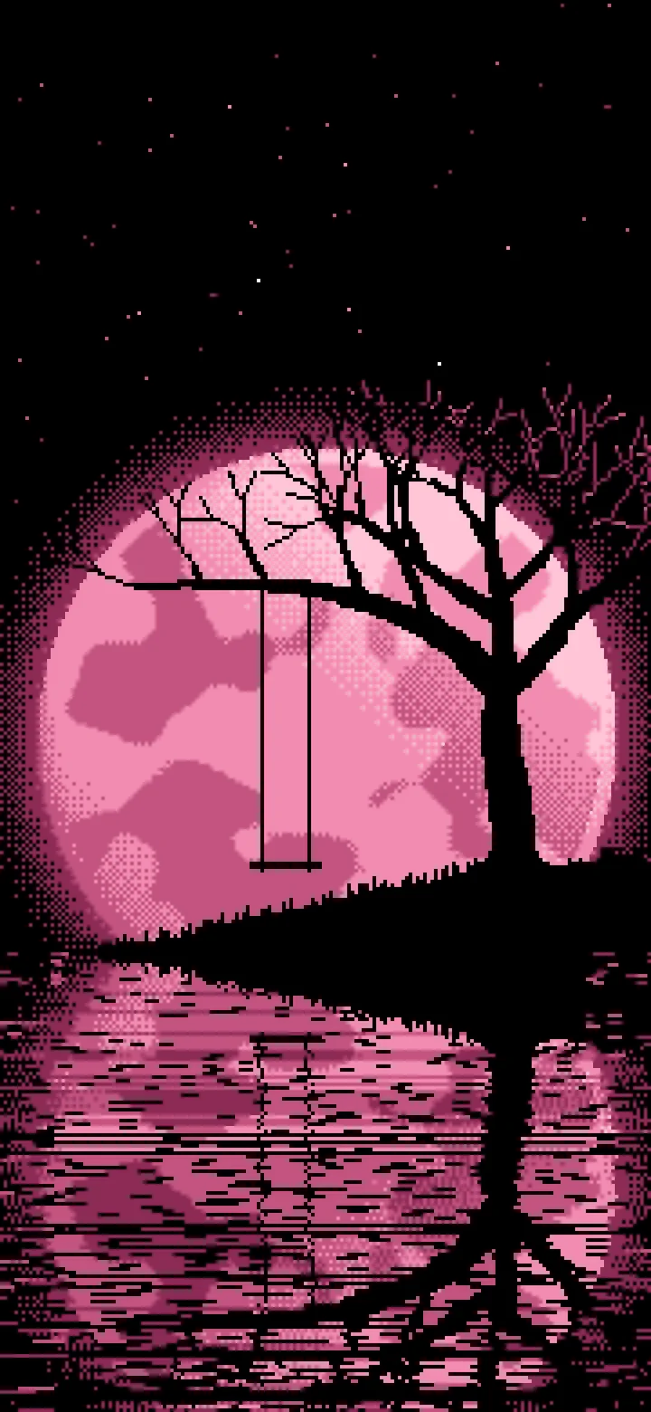 Pink Pixel Art Tree Swing and Full Moon wallpaper for iPhone and Android