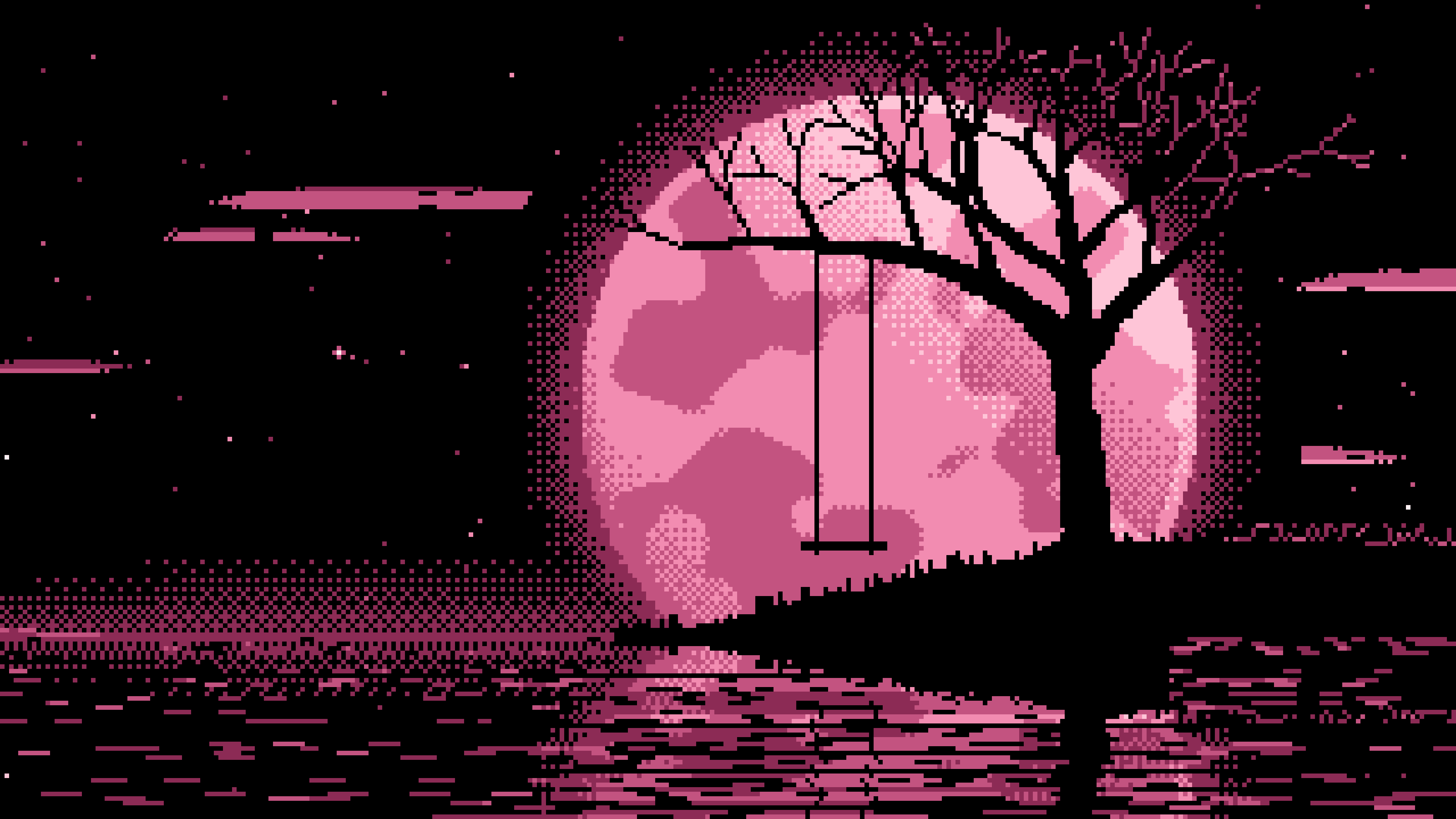 Pink Pixel Art Tree Swing and Full Moon desktop wallpaper in 4K