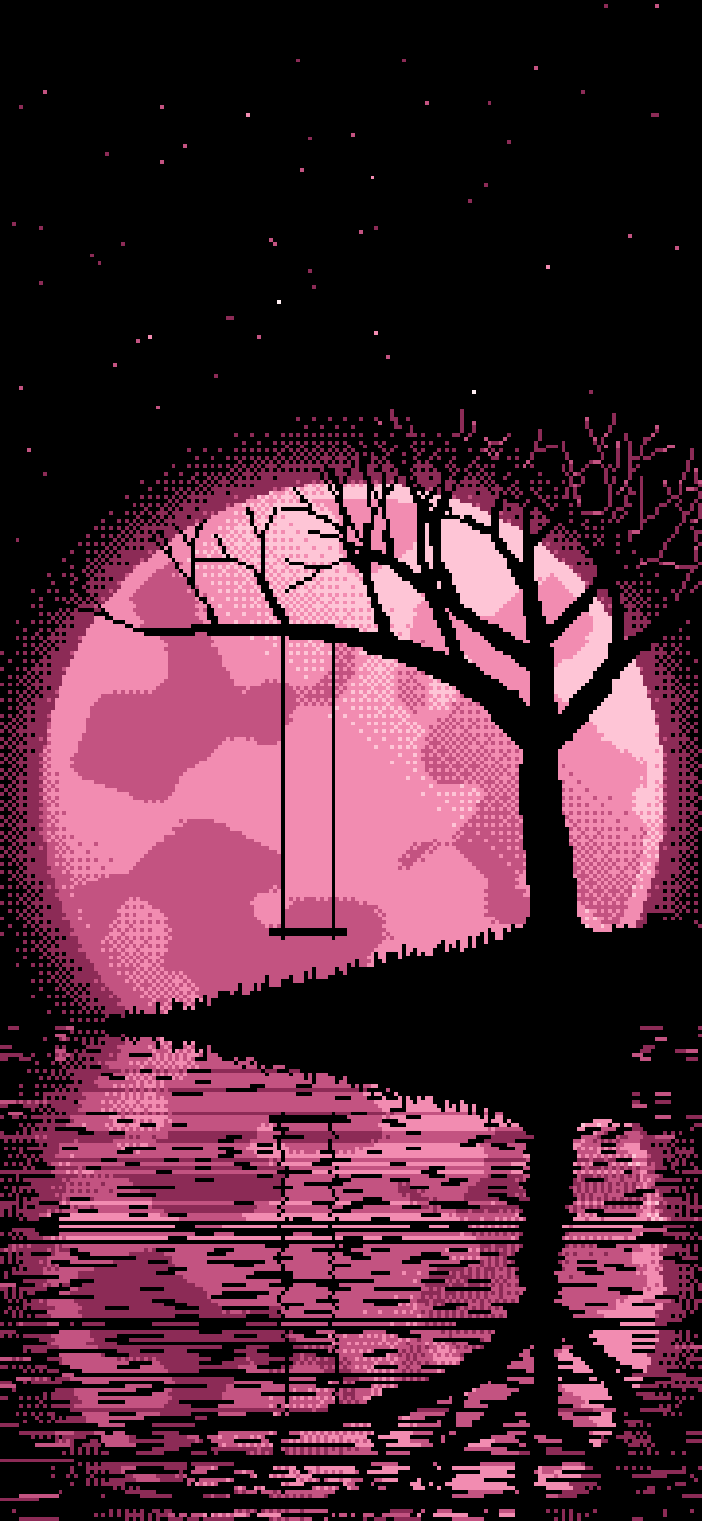 Pink Pixel Art Tree Swing and Full Moon wallpaper for iPhone and Android
