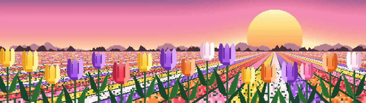 Pink Pixel Art Tulip Field dual monitor wallpaper, 7680 × 2160